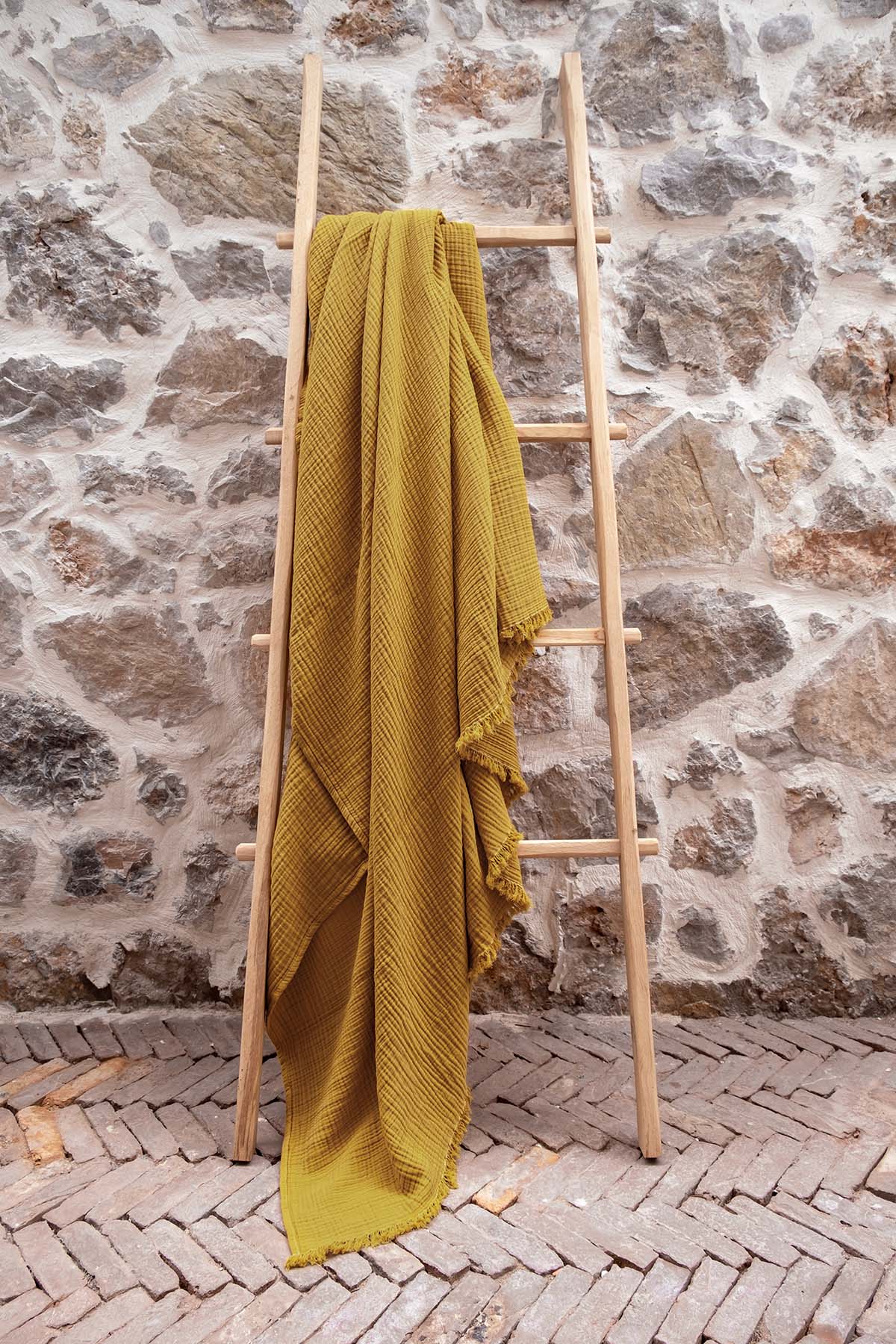 Cocoon 4 Katlı Müslin Koltuk Şalı, Battaniye Hardal Sarısı