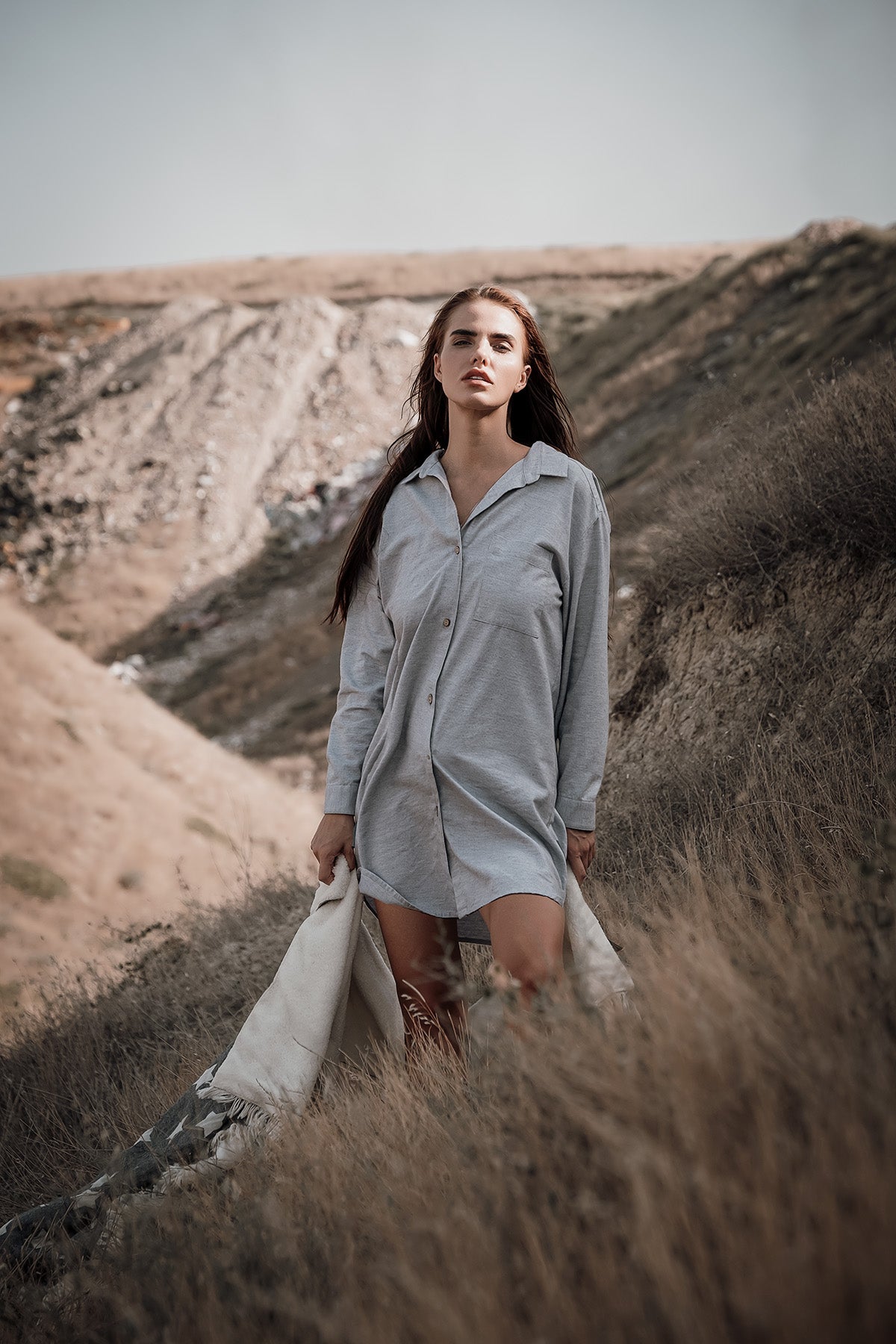 Flannel Shirt Dress Melange Gray