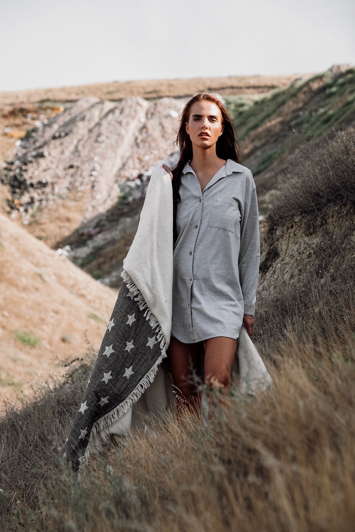 Flannel Shirt Dress Melange Gray