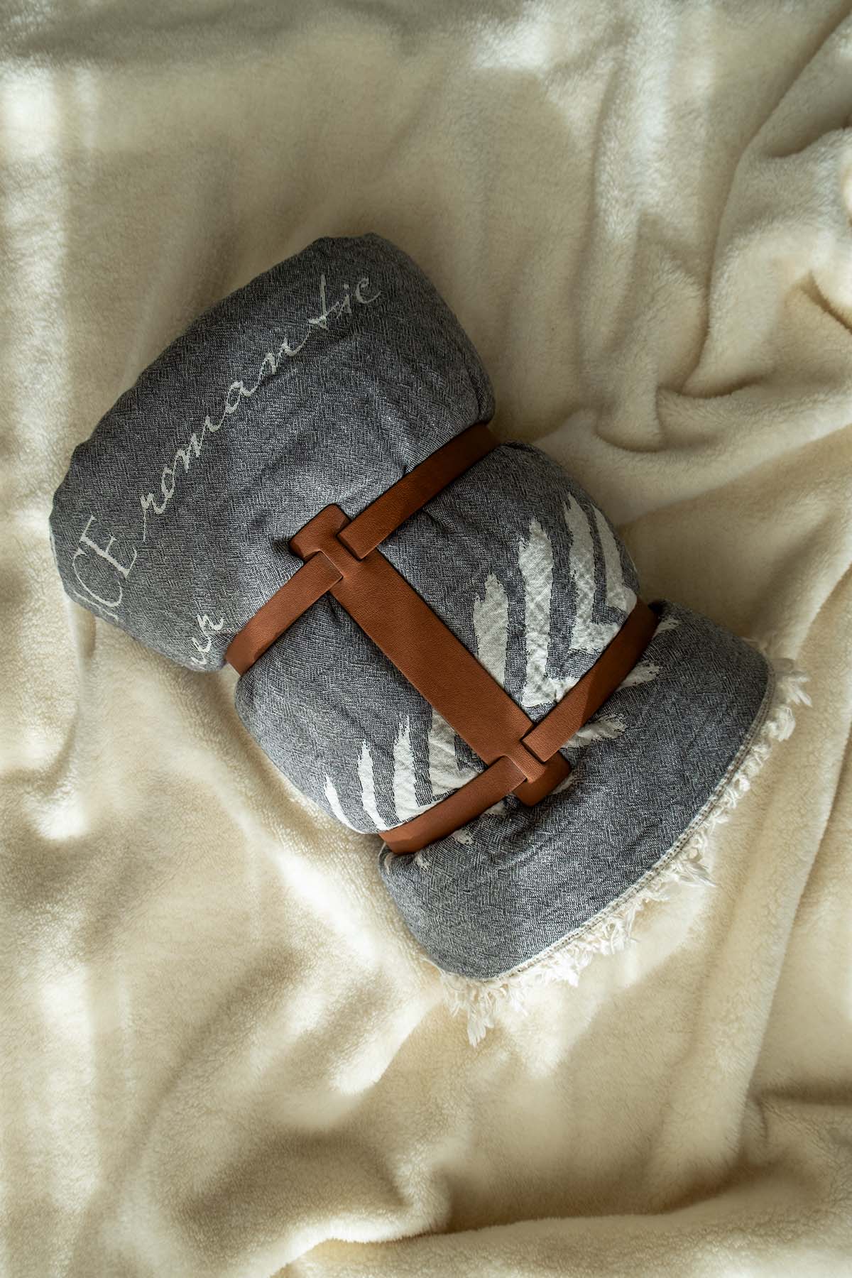 Polar Fleece Lined Double Faced Jacquard Text Throw with Carrying Belt