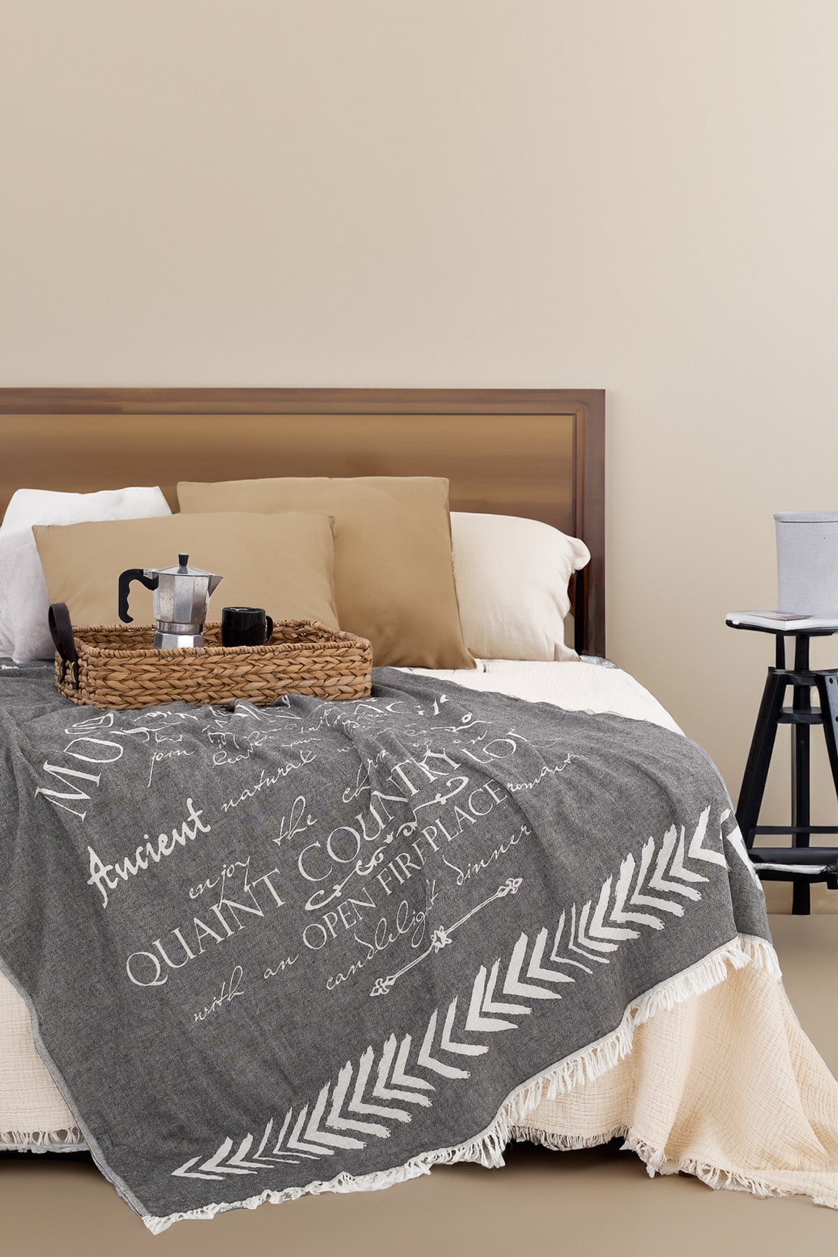 Polar Fleece Lined Double Faced Jacquard Text Throw with Carrying Belt