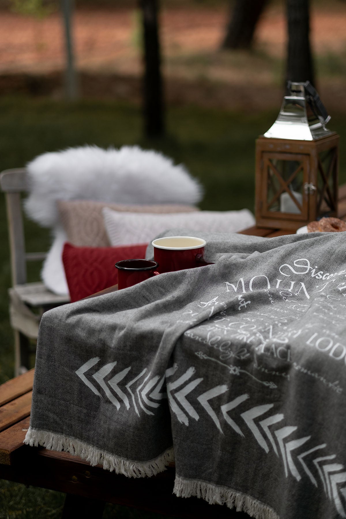 Polar Fleece Lined Double Faced Jacquard Text Throw with Carrying Belt