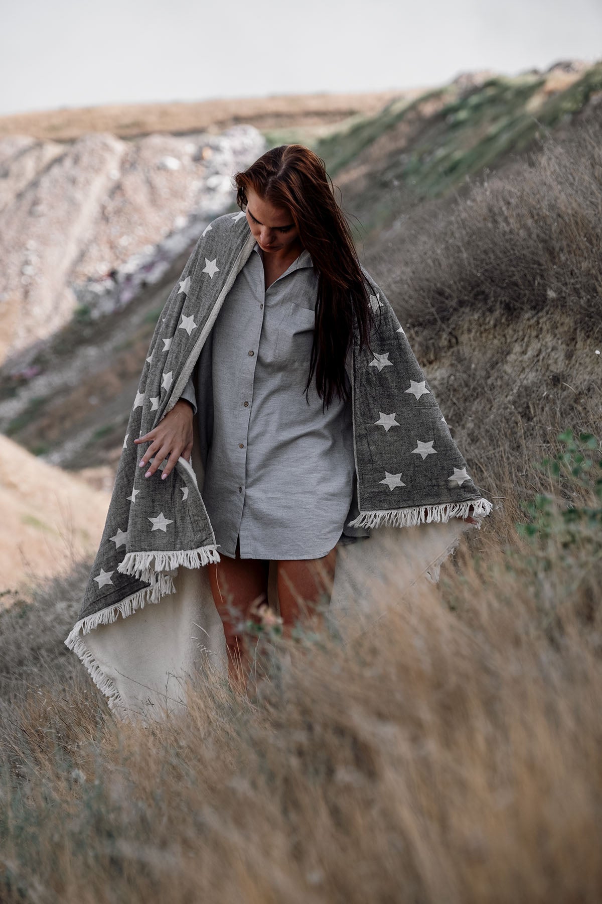 Carrying Belt Polar Fleece Lined Double Faced Star Jacquard Throw Black