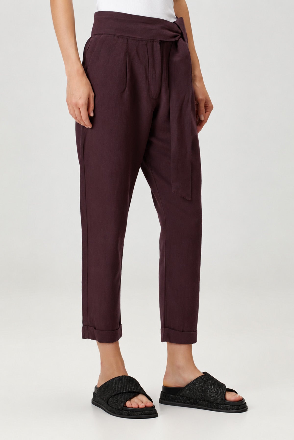 Kemerli Keten Karışımlı Pantolon Bordo