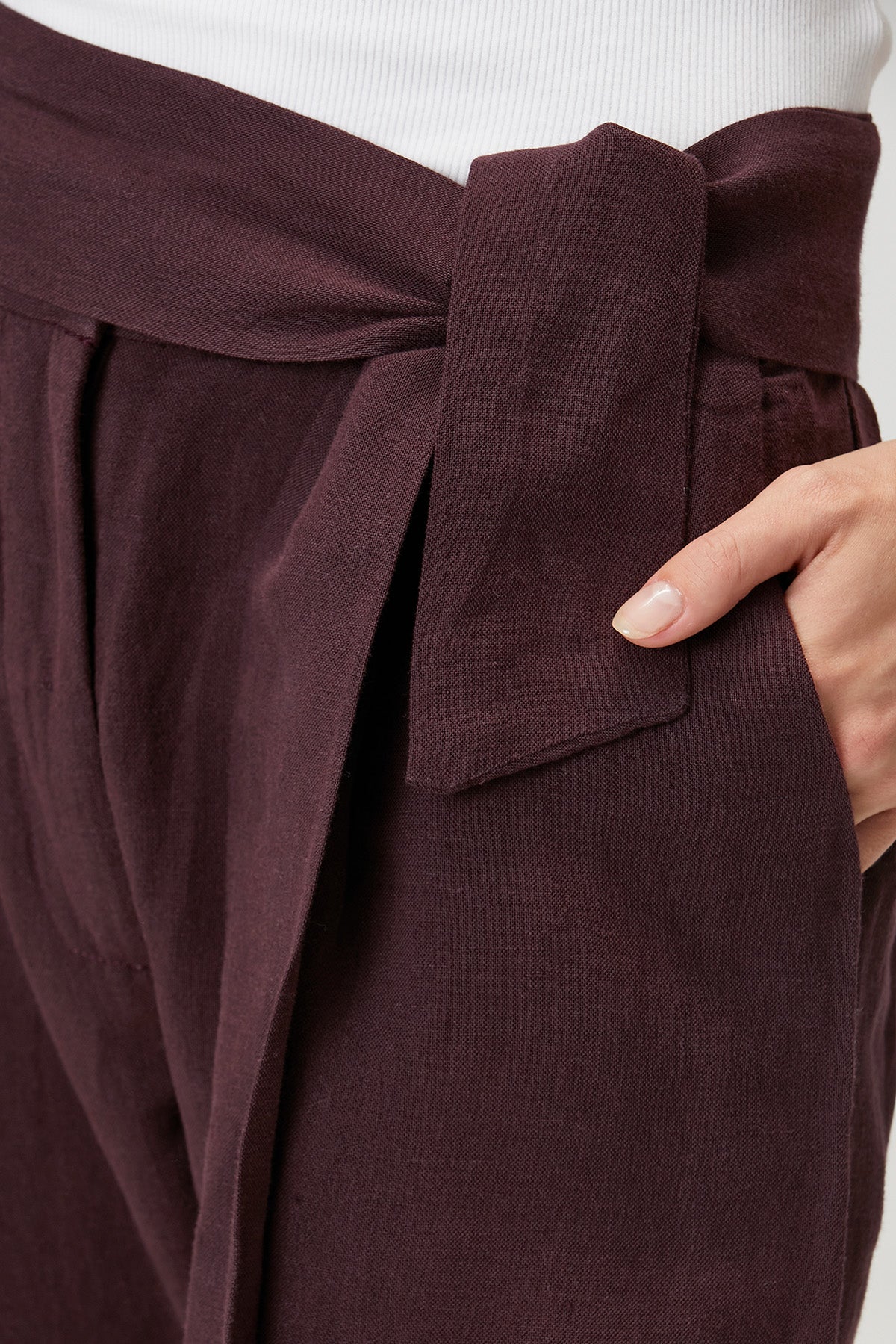 Kemerli Keten Karışımlı Pantolon Bordo