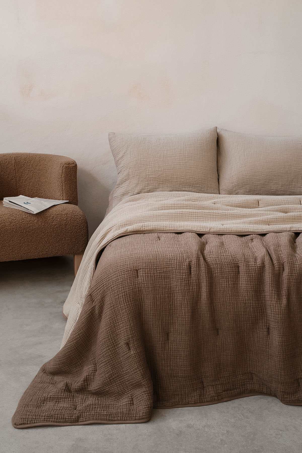 Koza Nevresim Gerektirmeyen Pamuk Müslin Yorgan , Yatak Örtüsü Kahverengi