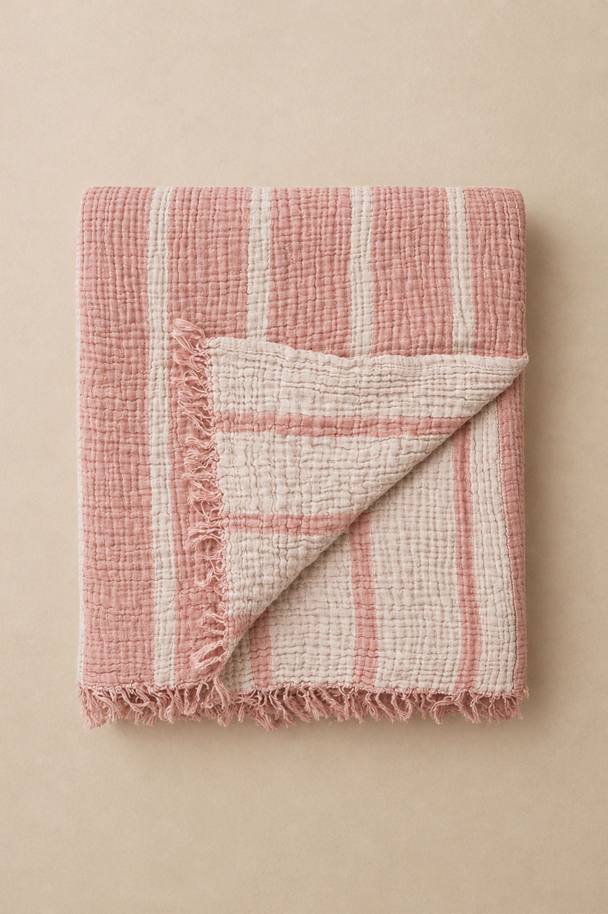 Striped Cotton Muslin Armchair Shawl. Blanket Pink