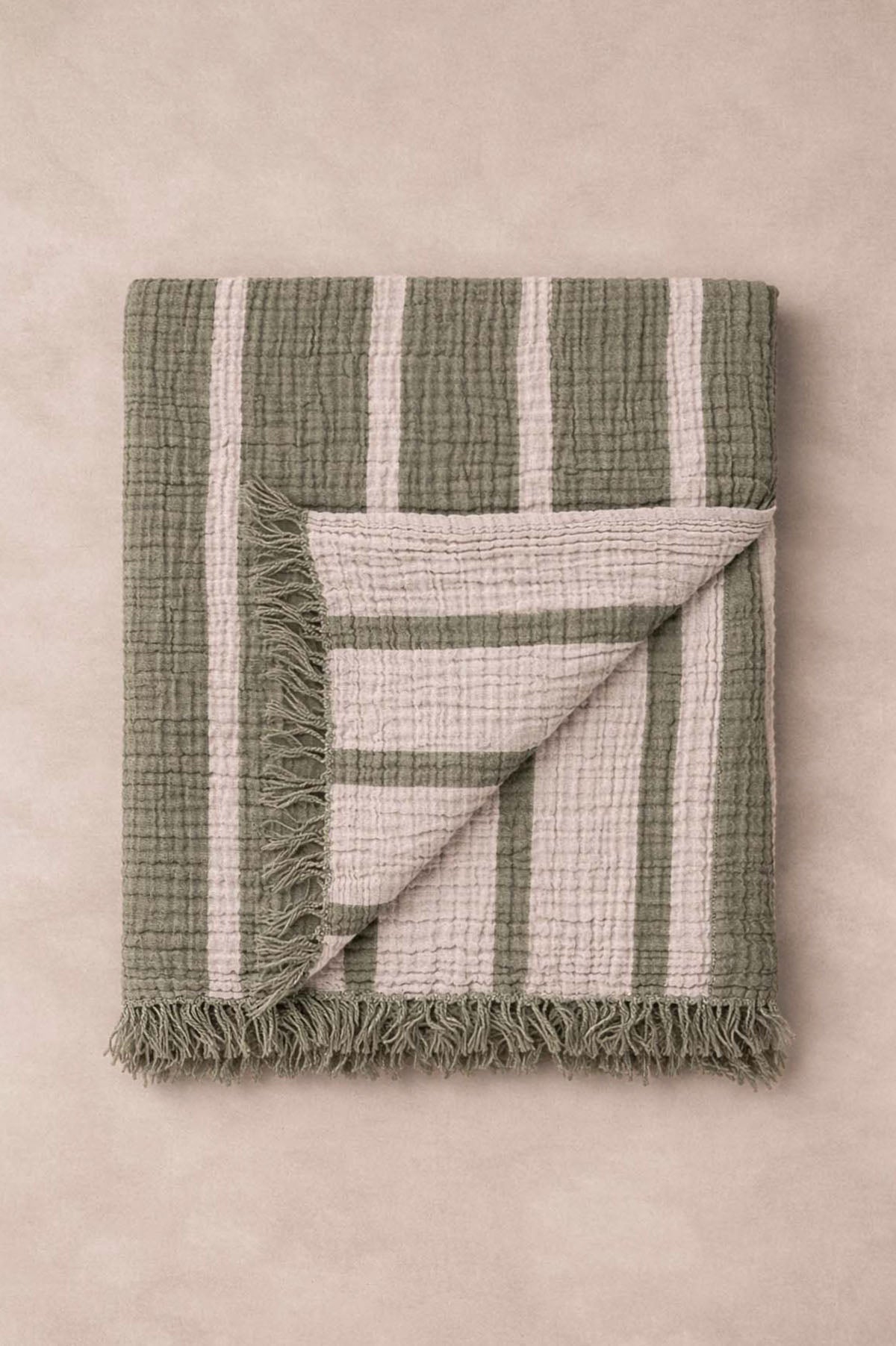 Striped Cotton Muslin Armchair Throw. Khaki Blanket