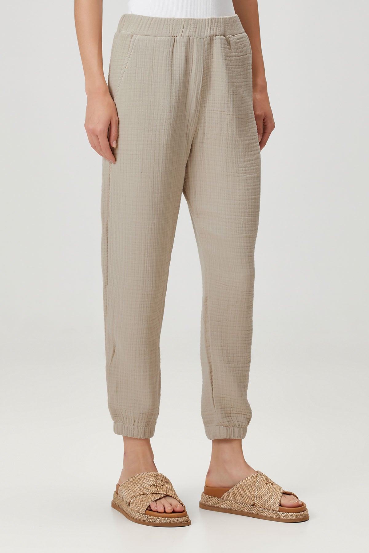 Pamuk 4 Katlı Müslin Pijama Pantolon Bej