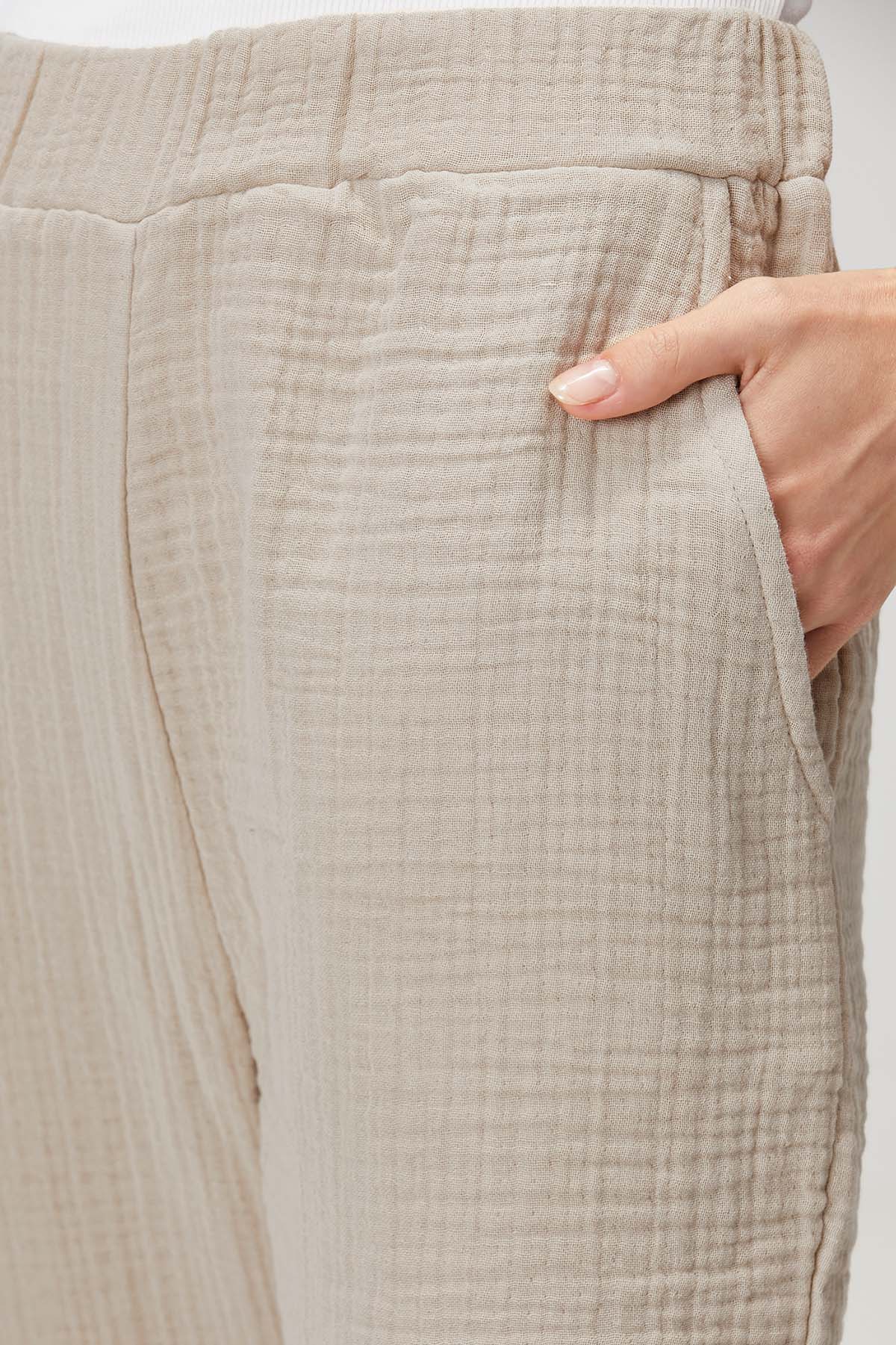 Pamuk 4 Katlı Müslin Pijama Pantolon Bej