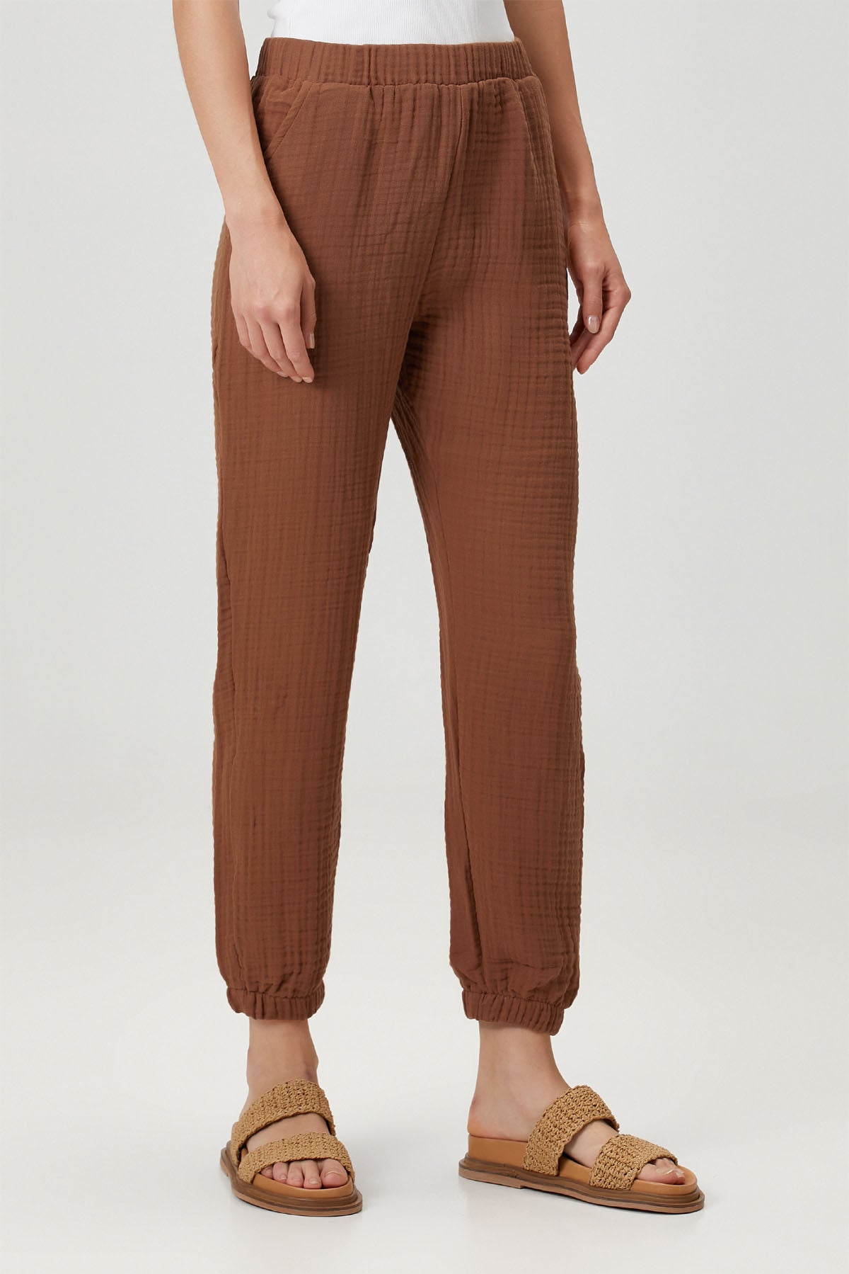Pamuk 4 Katlı Müslin Pijama Pantolon Kahverengi