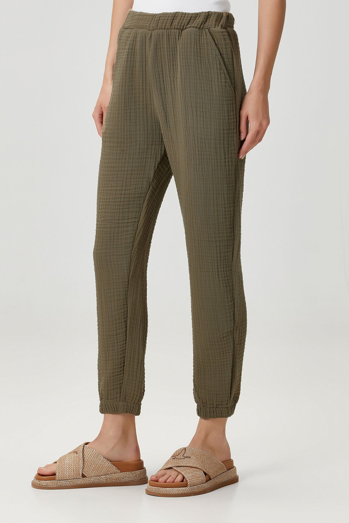 Pamuk 4 Katlı Müslin Pijama Pantolon Haki