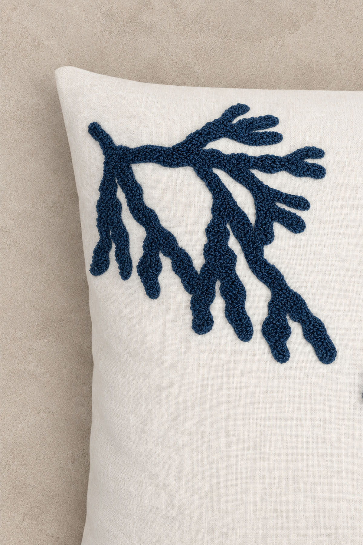 Coral Embroidered Pillow Cover Ecru-Navy 45 x 45 cm