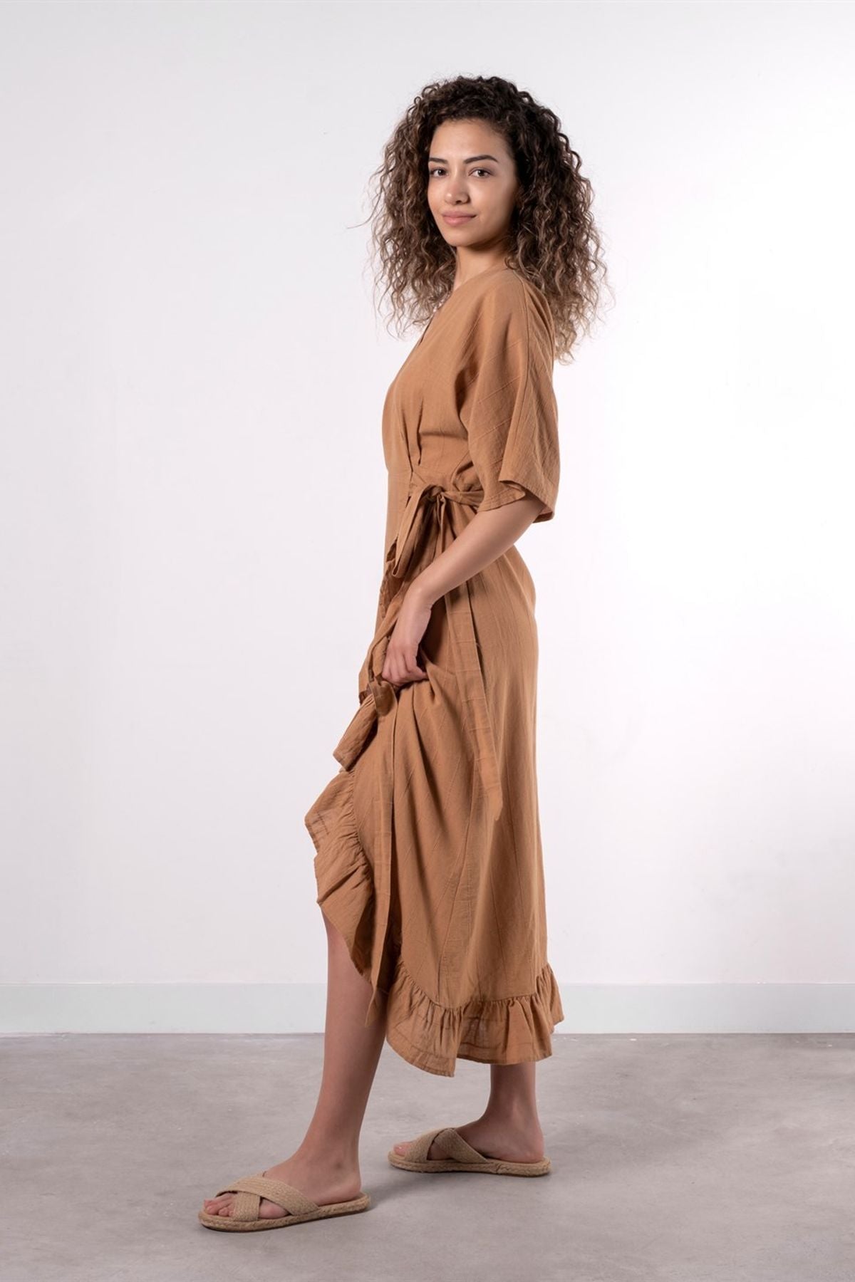 Frilled Elbise İndian Tan