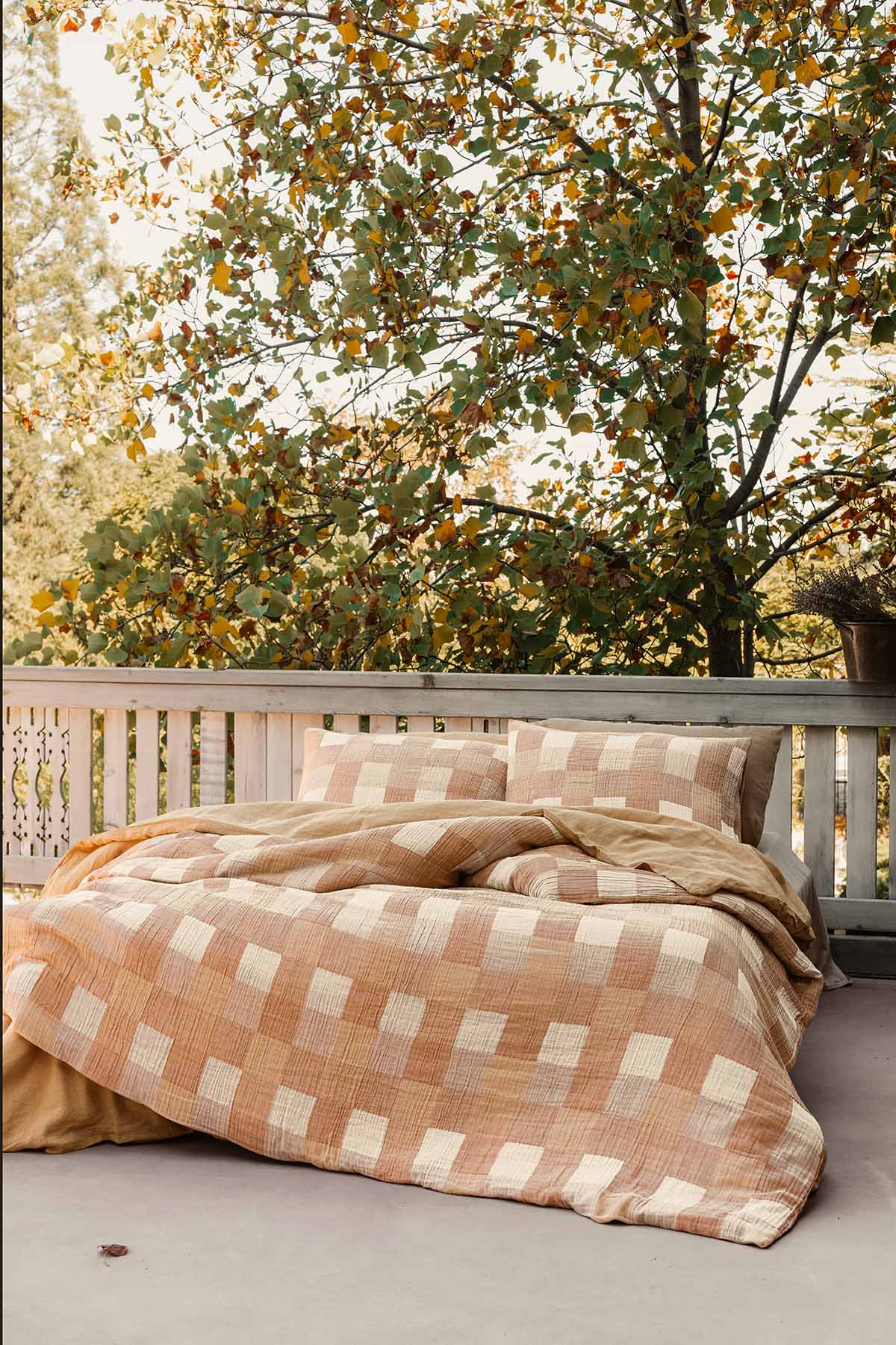Gingham Kareli Muslin Dokulu Nevresim Seti Karamel