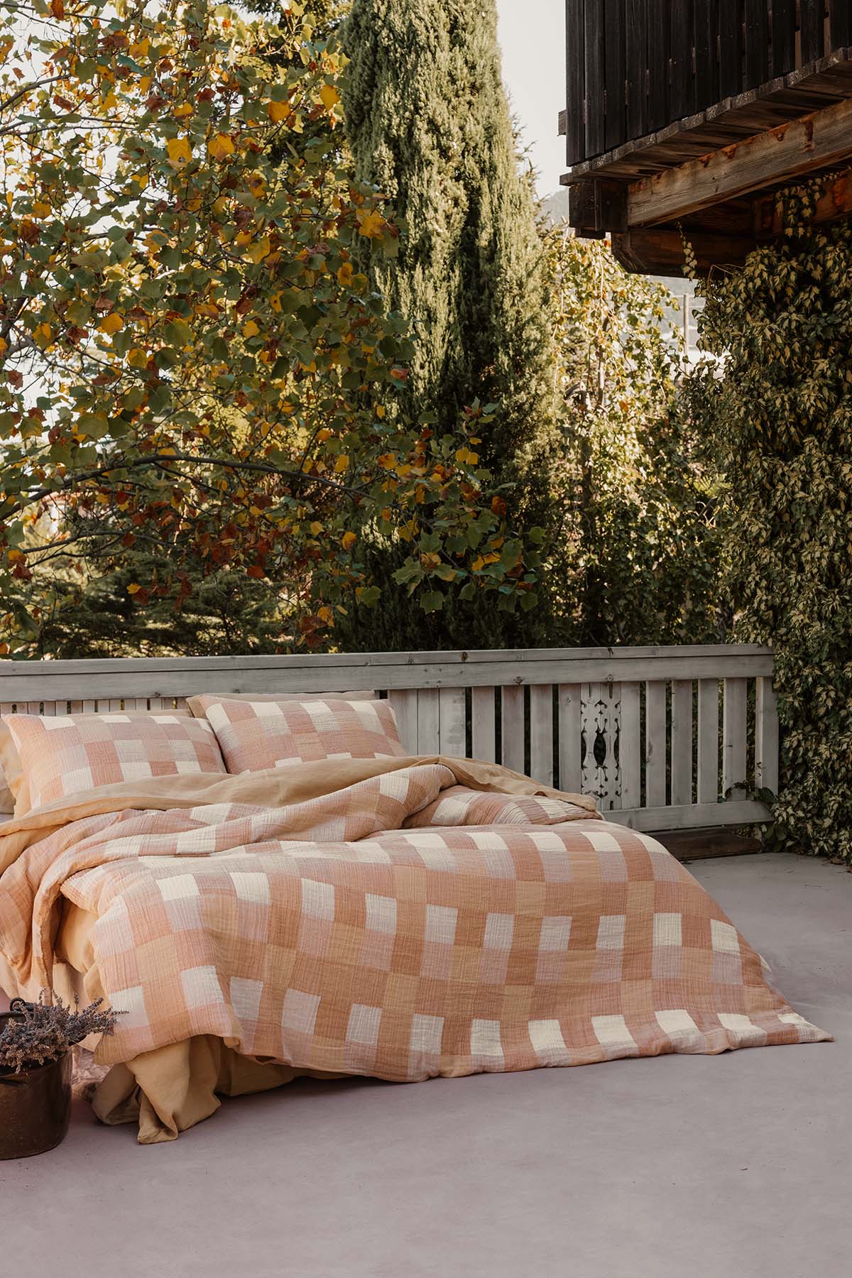 Gingham Kareli Muslin Dokulu Nevresim Seti Karamel