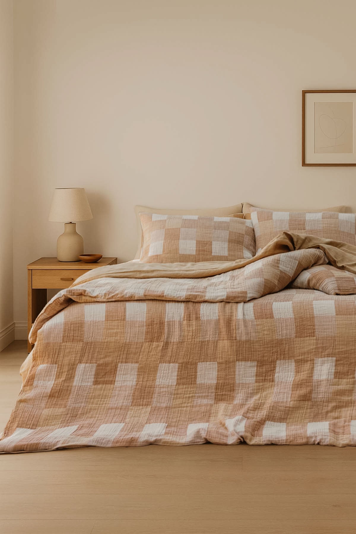 Gingham Kareli Muslin Dokulu Nevresim Seti Karamel