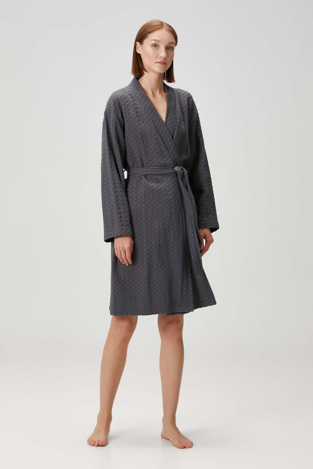 Petek Dokulu Pamuk Bornoz Koyu Gri