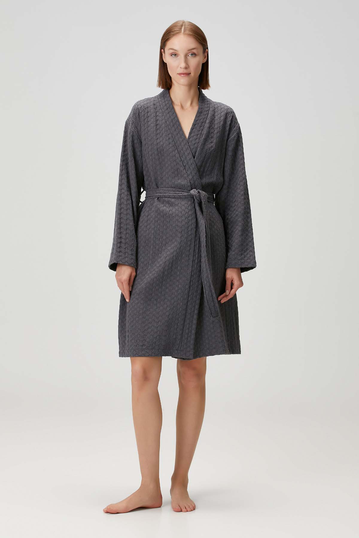 Petek Dokulu Pamuk Bornoz Koyu Gri