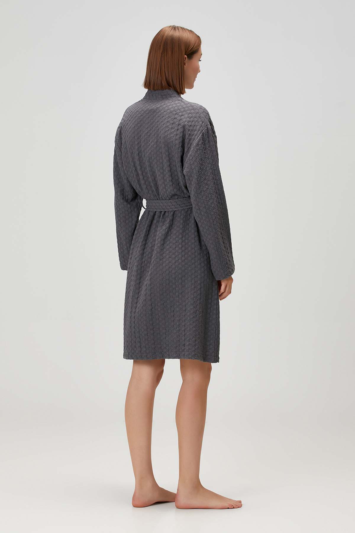 Petek Dokulu Pamuk Bornoz Koyu Gri