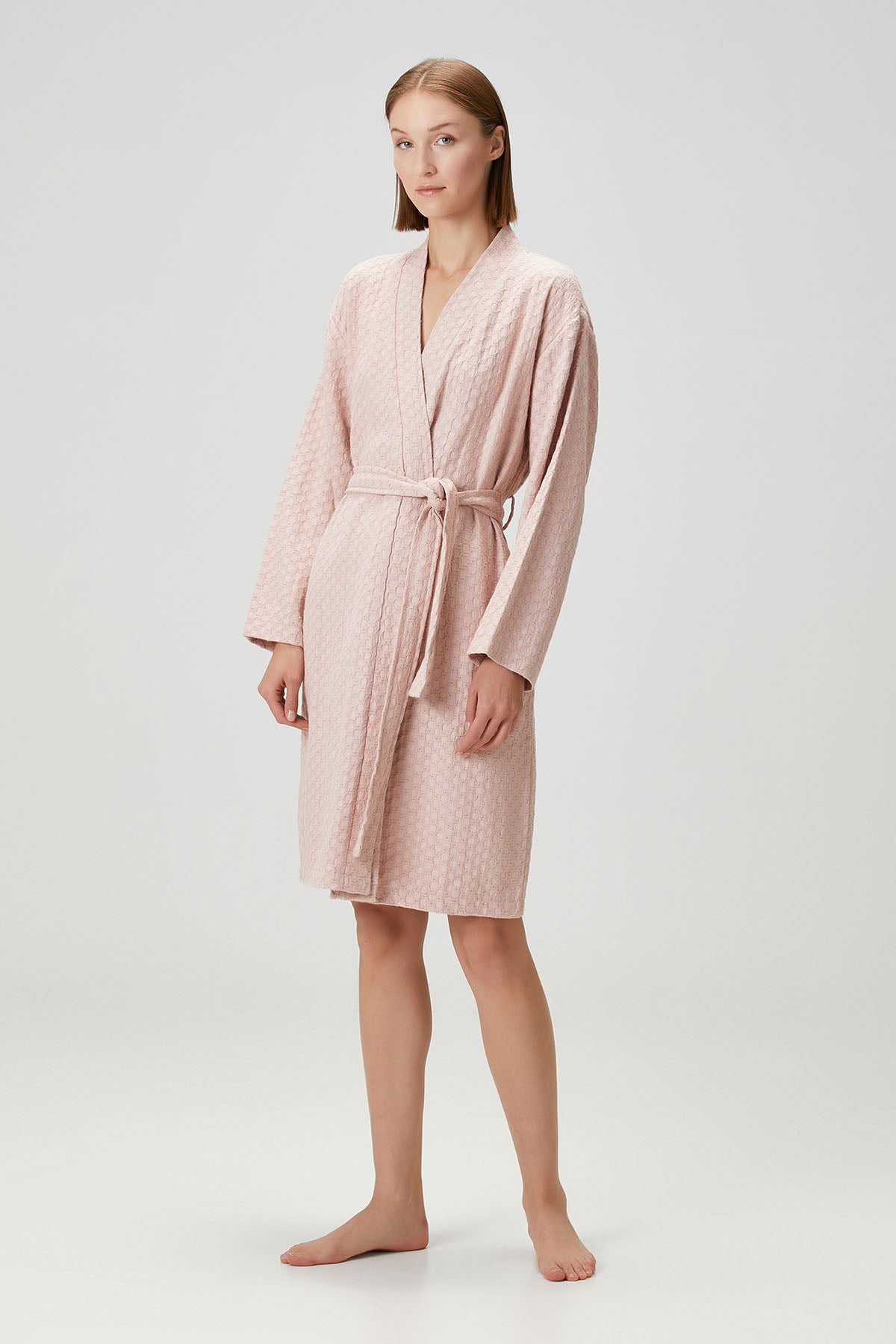 Petek Dokulu Pamuk Bornoz Pembe