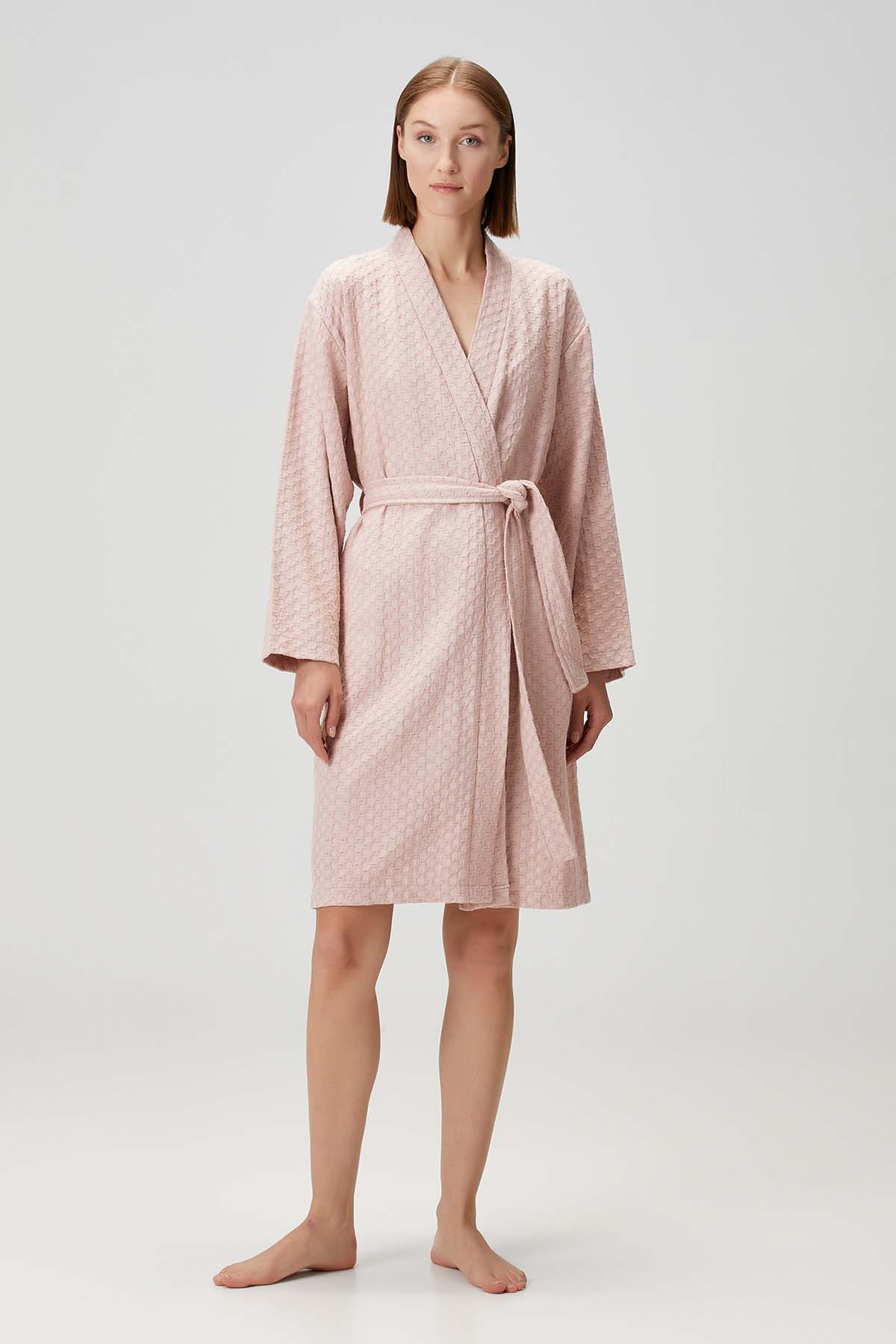 Petek Dokulu Pamuk Bornoz Pembe