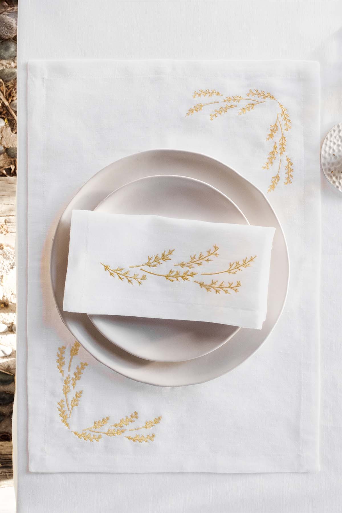 Yaprak Nakışlı Keten 2'li Amerikan Servisi Seti