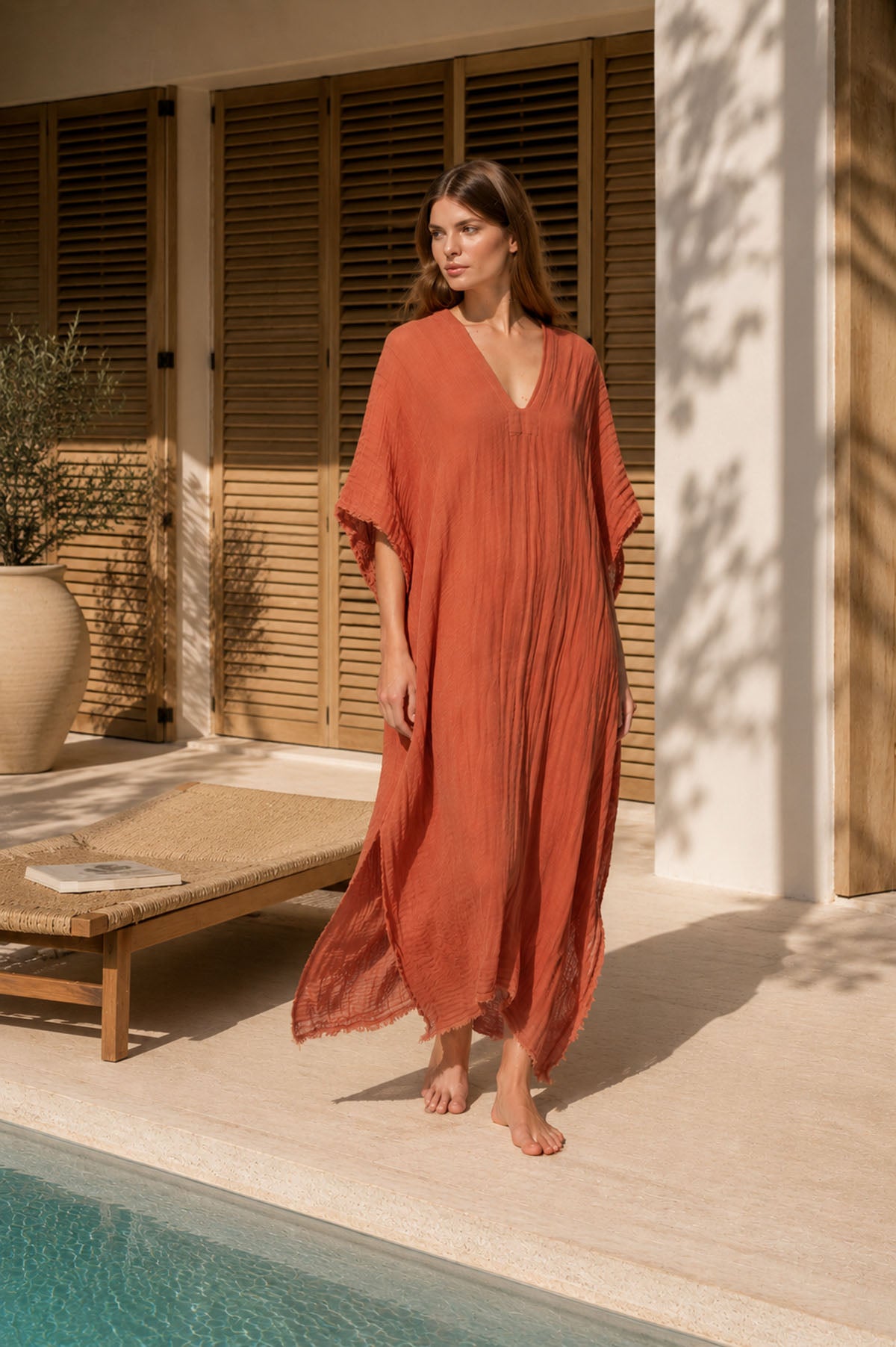 Keten Karışımlı Dokulu Kaftan Tarçın