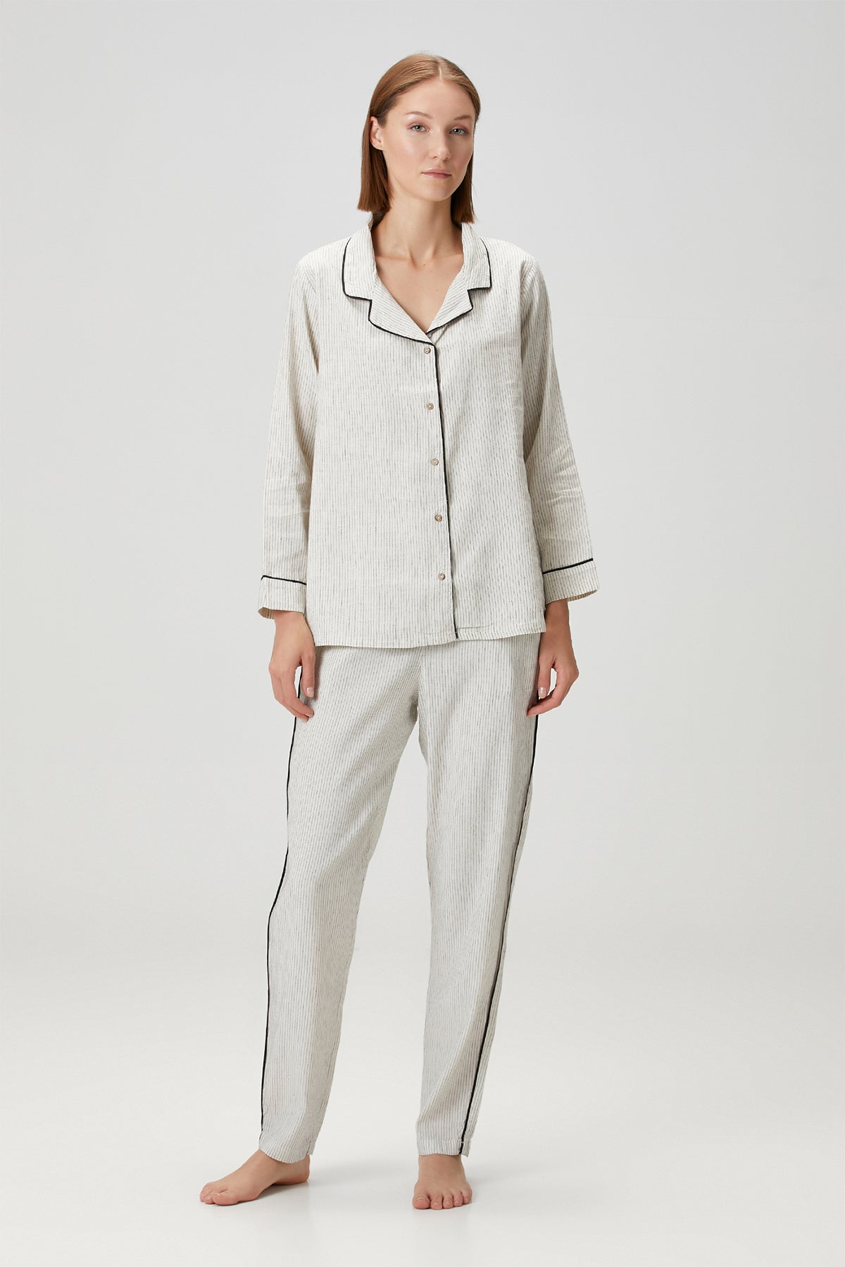 Lino Trousers Off White Black Striped