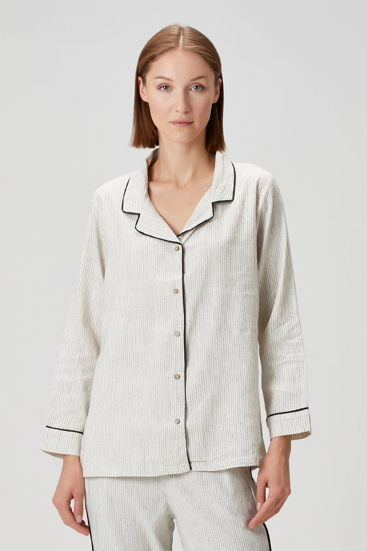 Lino Shirt Pajama Top Off White Black Striped