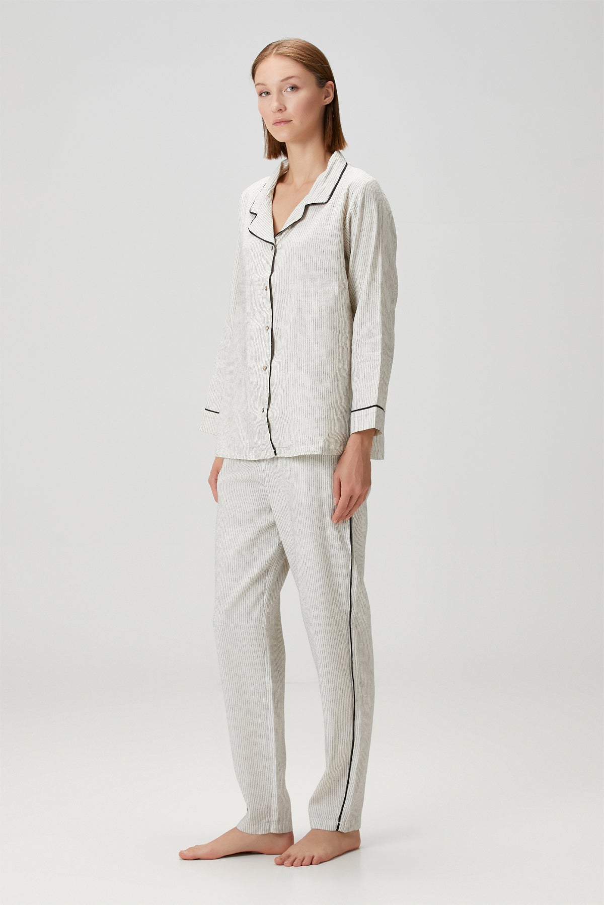 Lino Shirt Pajama Top Off White Black Striped