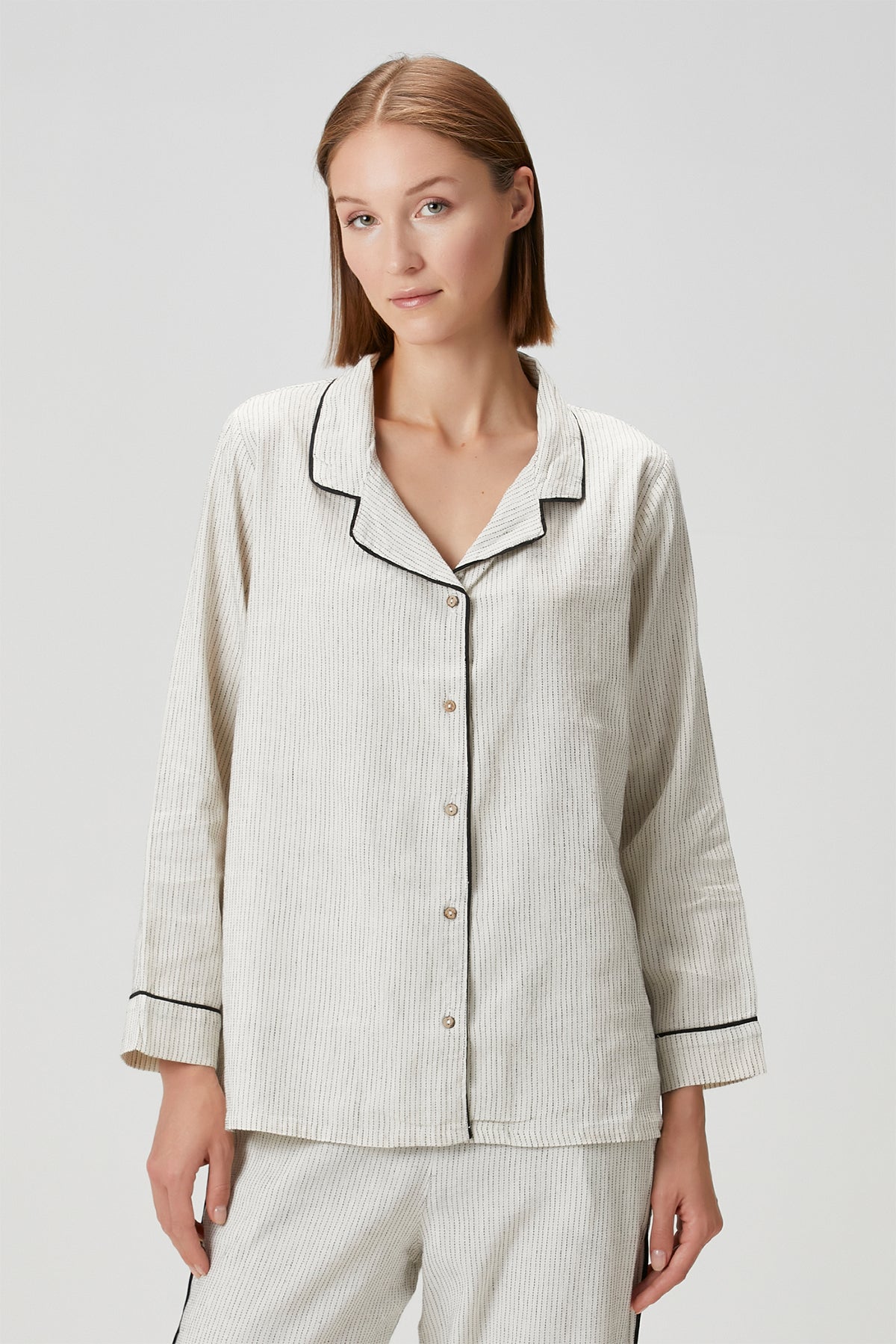 Lino Shirt Pajama Top Off White Black Striped
