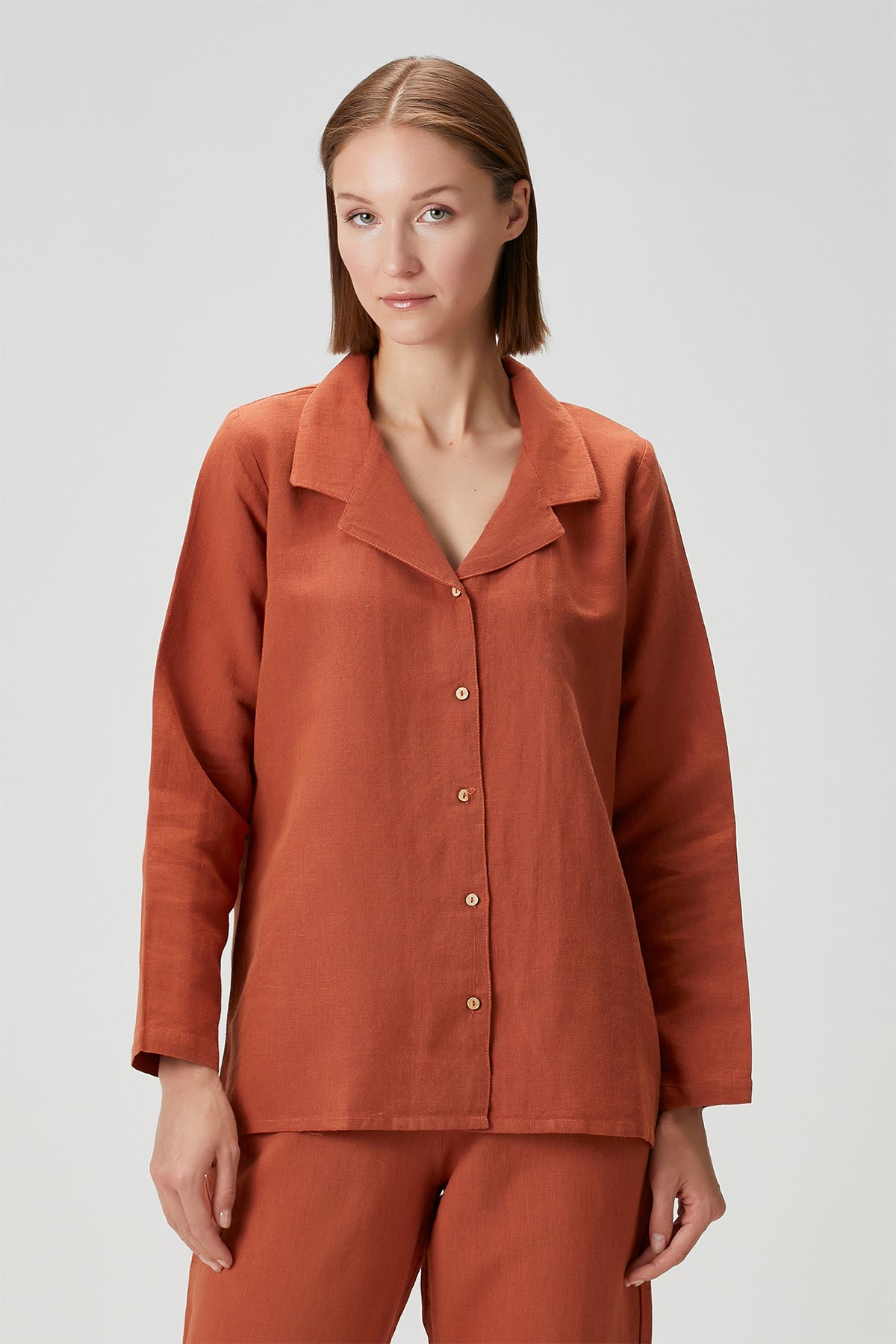Lino Keten Gömlek Pijama Üstü Turuncu
