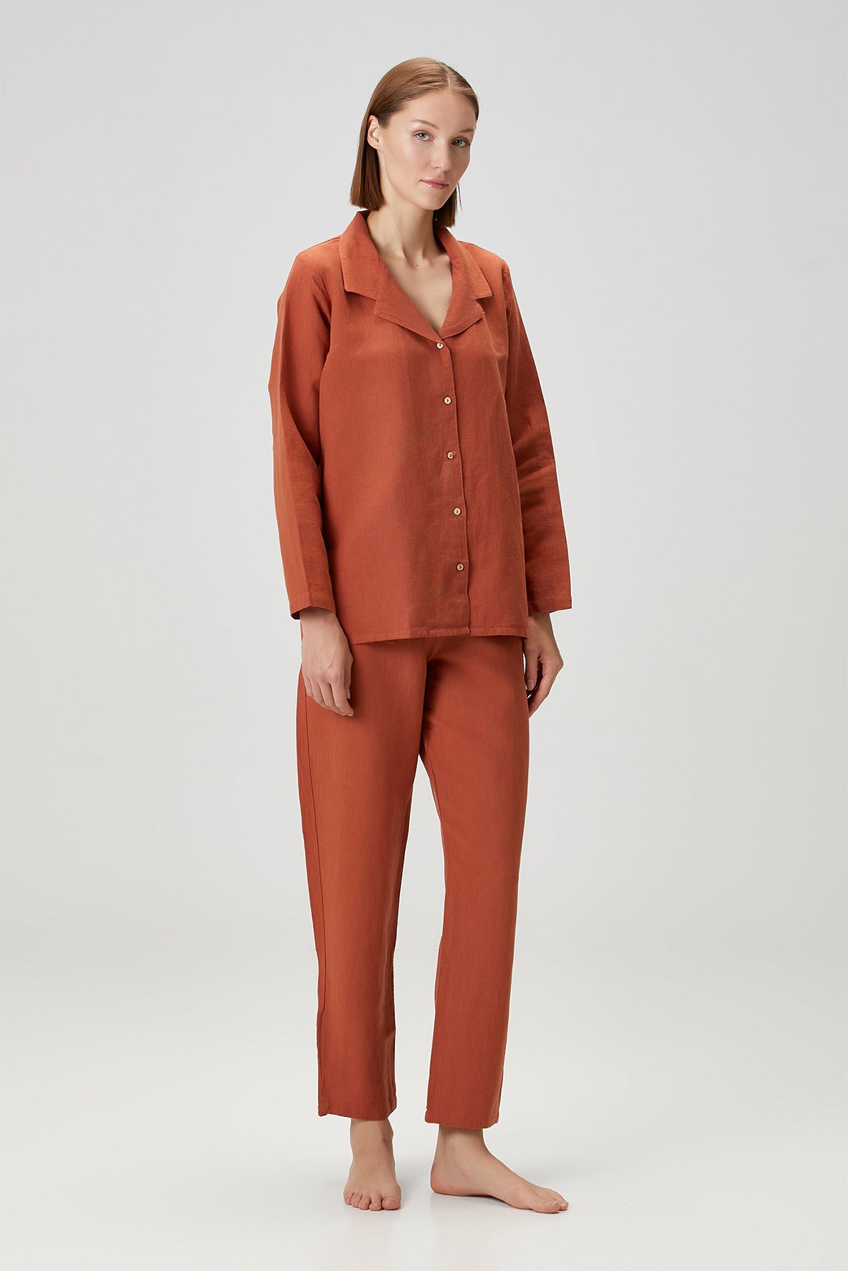 Lino Keten Gömlek Pijama Üstü Turuncu