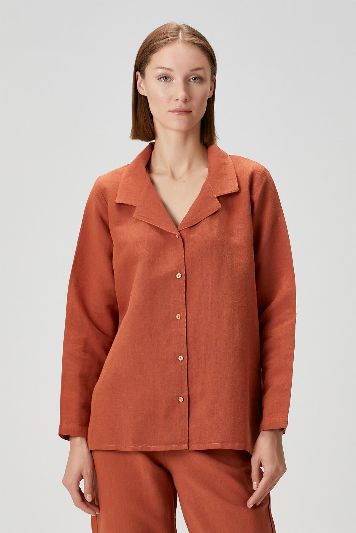 Lino Keten Gömlek Pijama Üstü Turuncu
