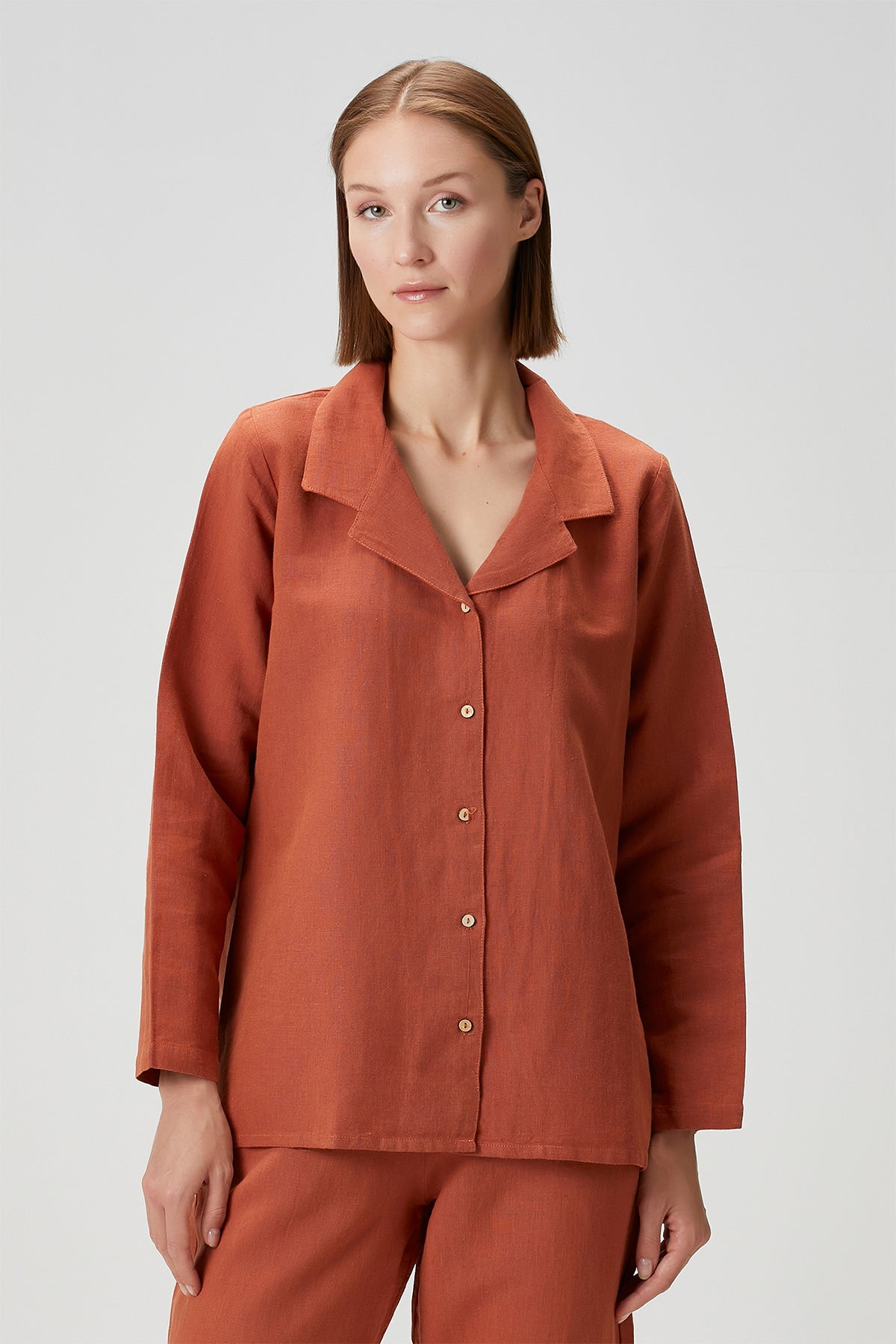 Lino Keten Gömlek Pijama Üstü Turuncu