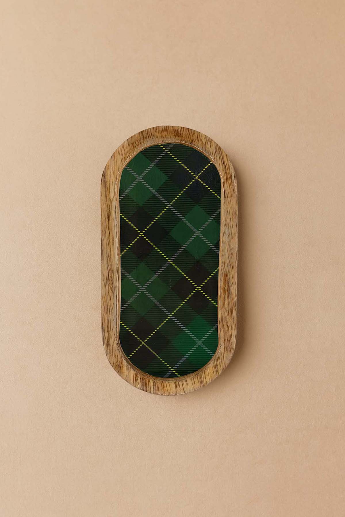 Mango Ağacından Ekose Desenli Oval Tepsi, Sunum Tabağı 20x10 cm