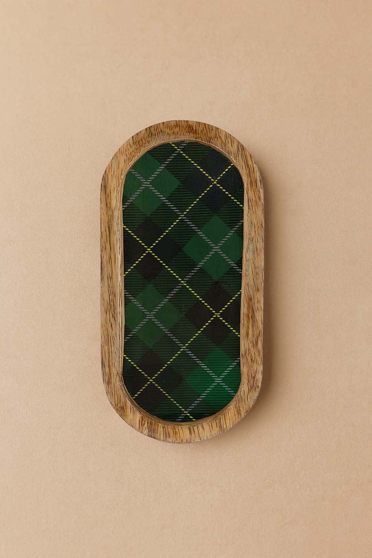 Mango Ağacından Ekose Desenli Oval Tepsi, Sunum Tabağı 25x13 cm