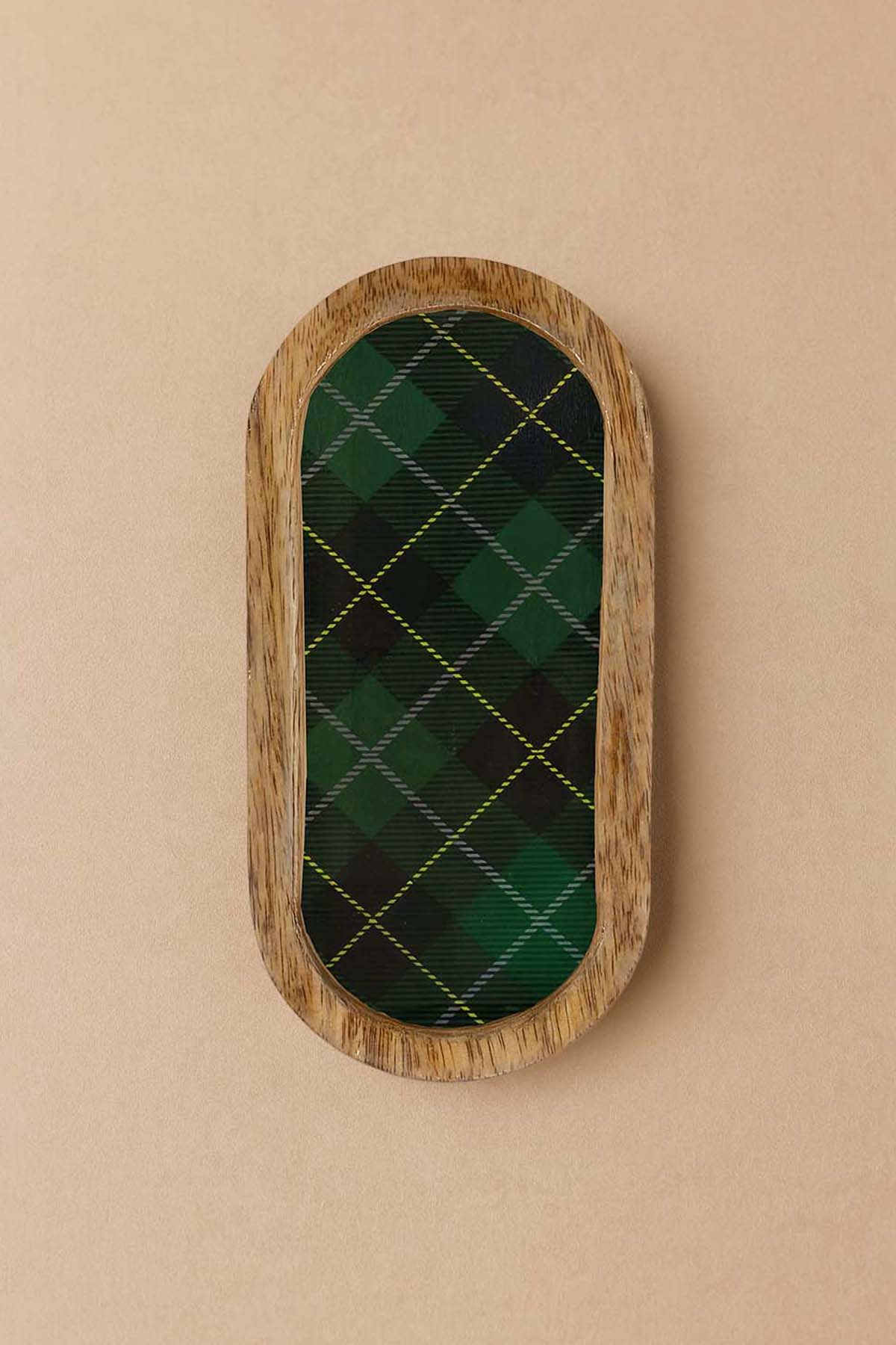 Mango Ağacından Ekose Desenli Oval Tepsi, Sunum Tabağı 30x15 cm