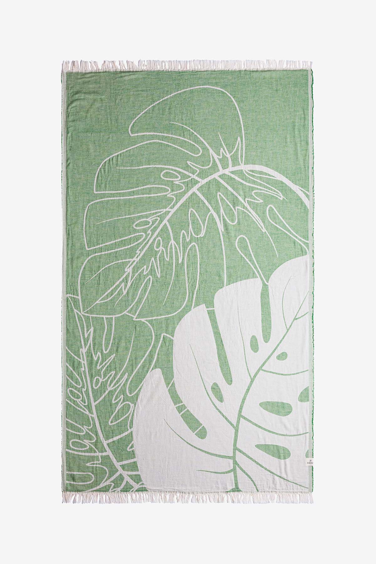 Monstera Yaprağı Jakarlı Peştemal Yeşil, Taşıma Çantalı