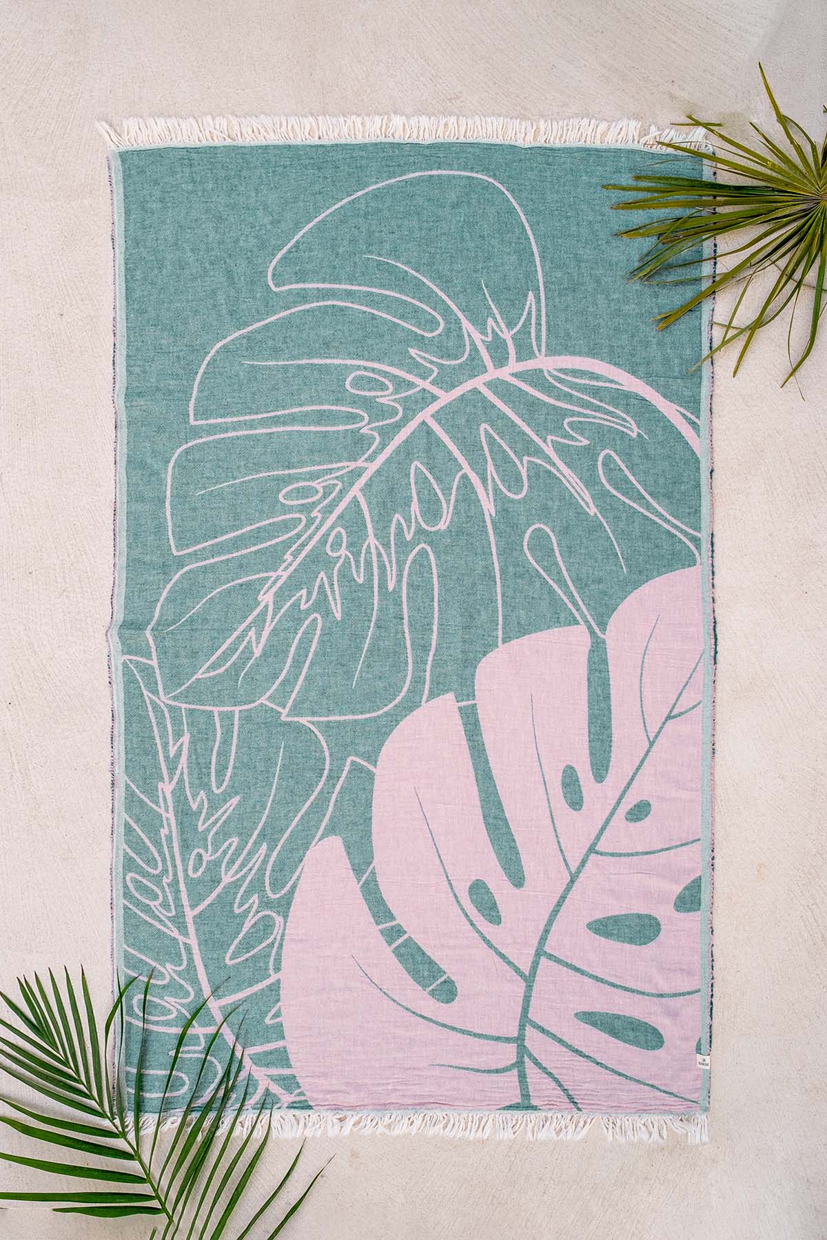 Monstera Yaprağı Jakarlı Peştemal Toz Pembe, Taşıma Çantalı