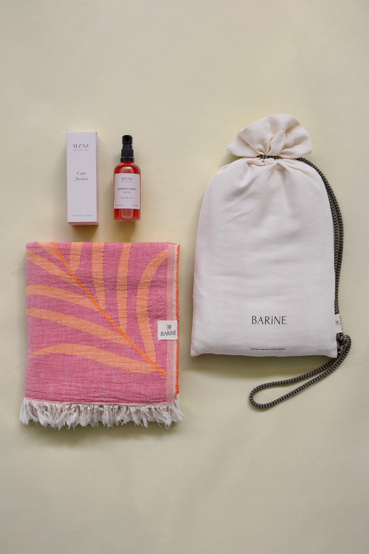 Moriah Peştemal ve Goddess Vibes Kuru Yağ Hediye Seti Pembe-Turuncu, Taşıma Çantalı
