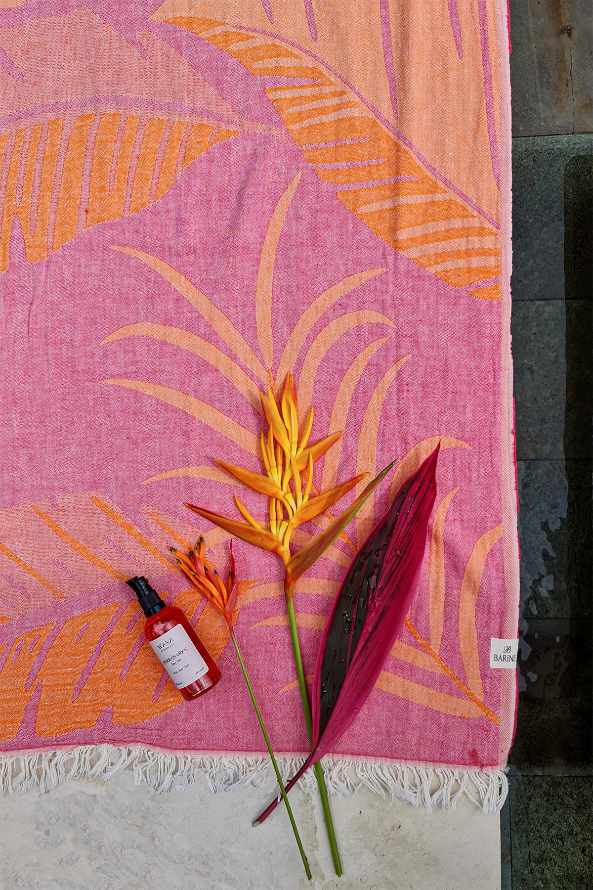 Moriah Peştemal ve Goddess Vibes Kuru Yağ Hediye Seti Pembe-Turuncu, Taşıma Çantalı