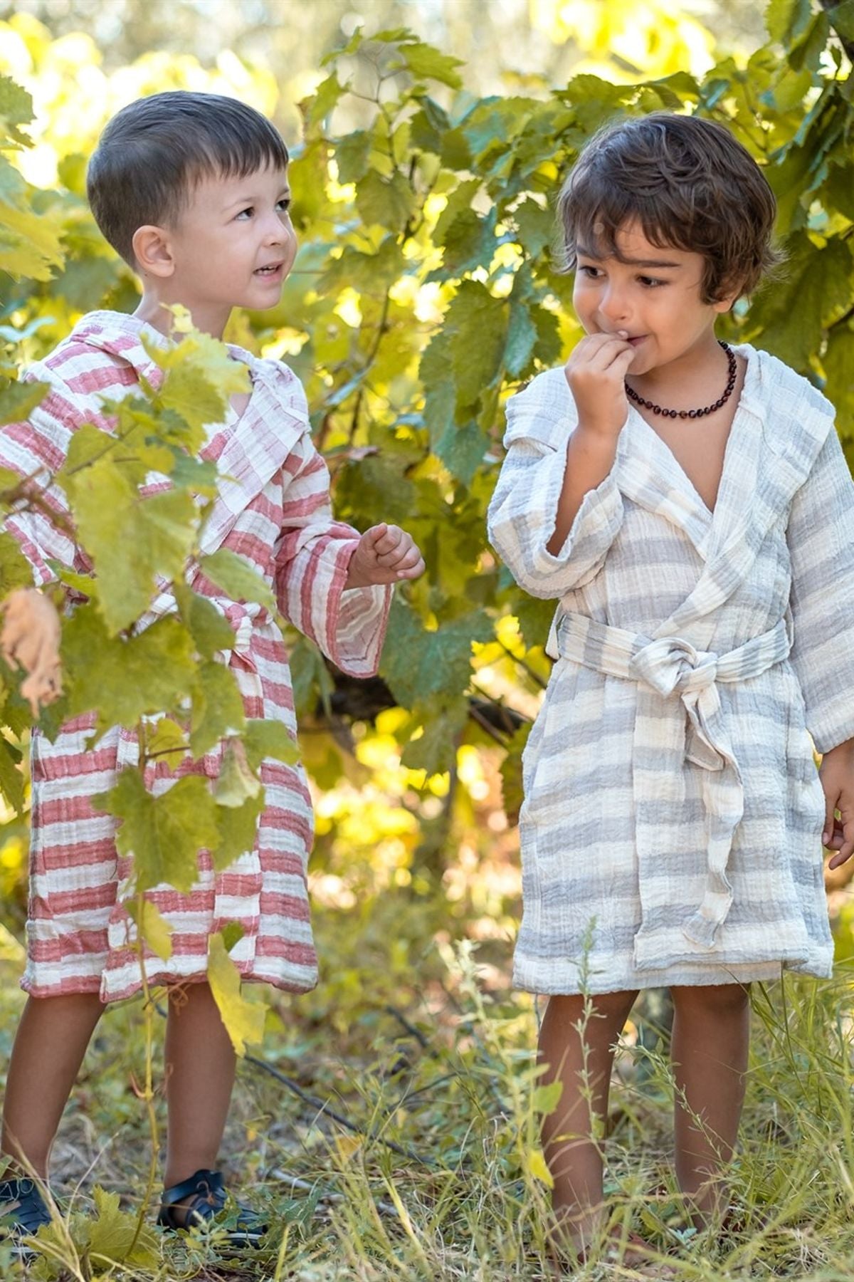 Müslin Çocuk Bornoz Gri Çizgili