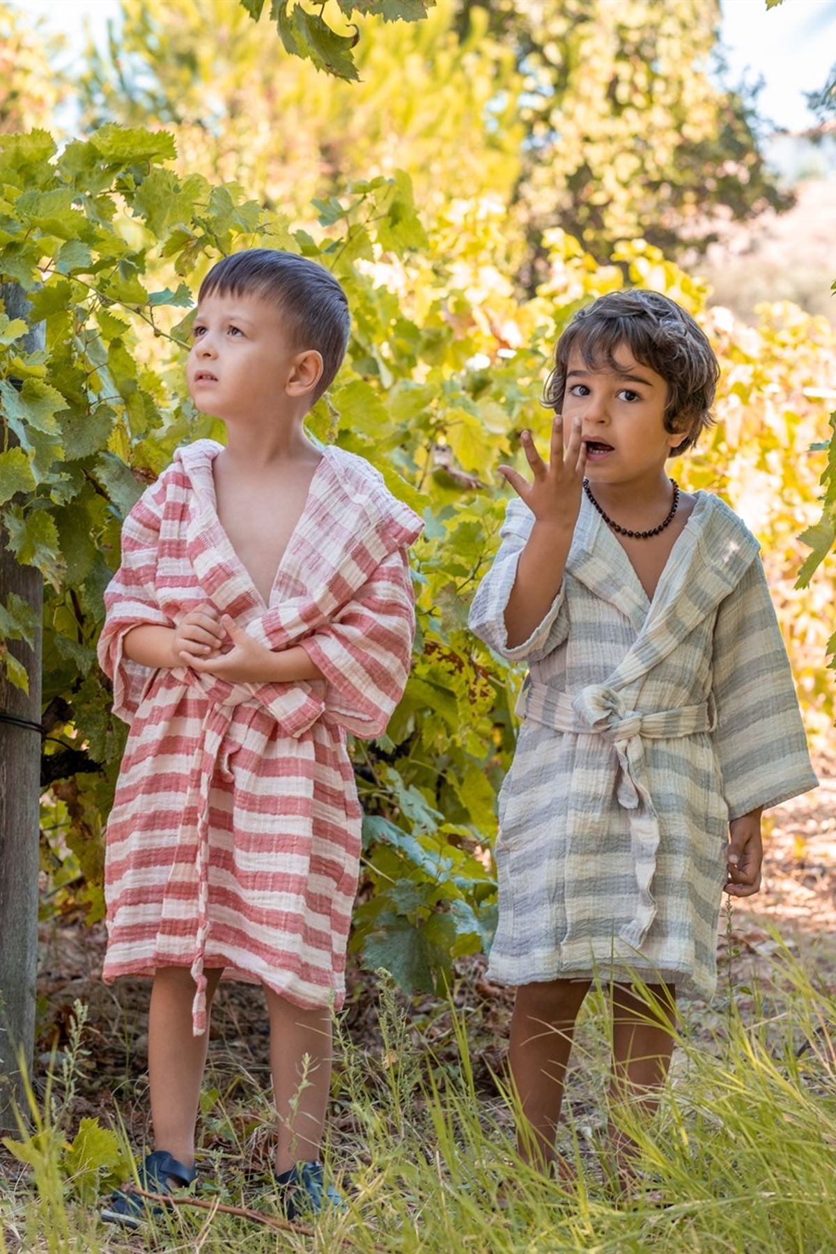 Müslin Çocuk Bornoz Kiremit Çizgili