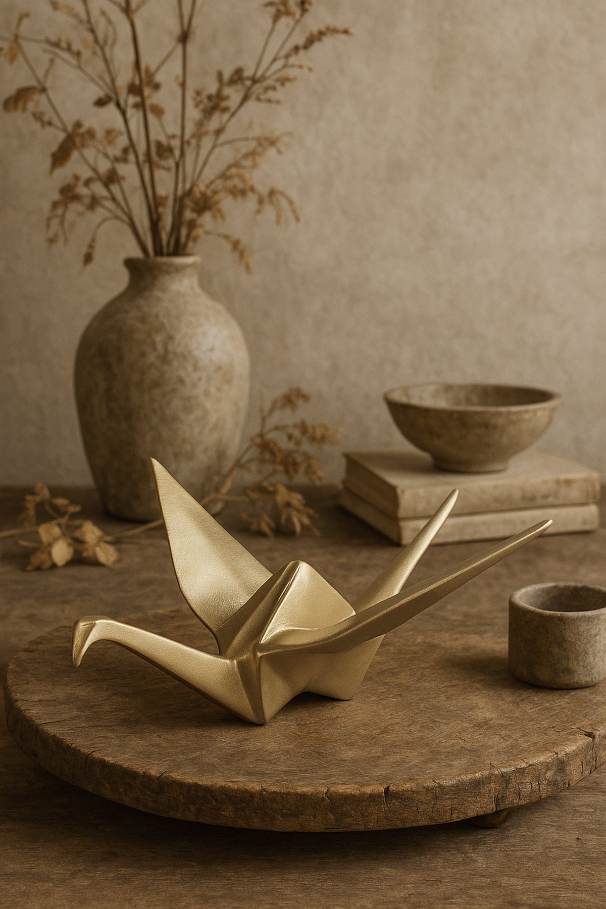 Origami Turna Kuşu Şeklinde Mat Pirinç Kaplama Metal Dekoratif Obje Gold 22x19 cm