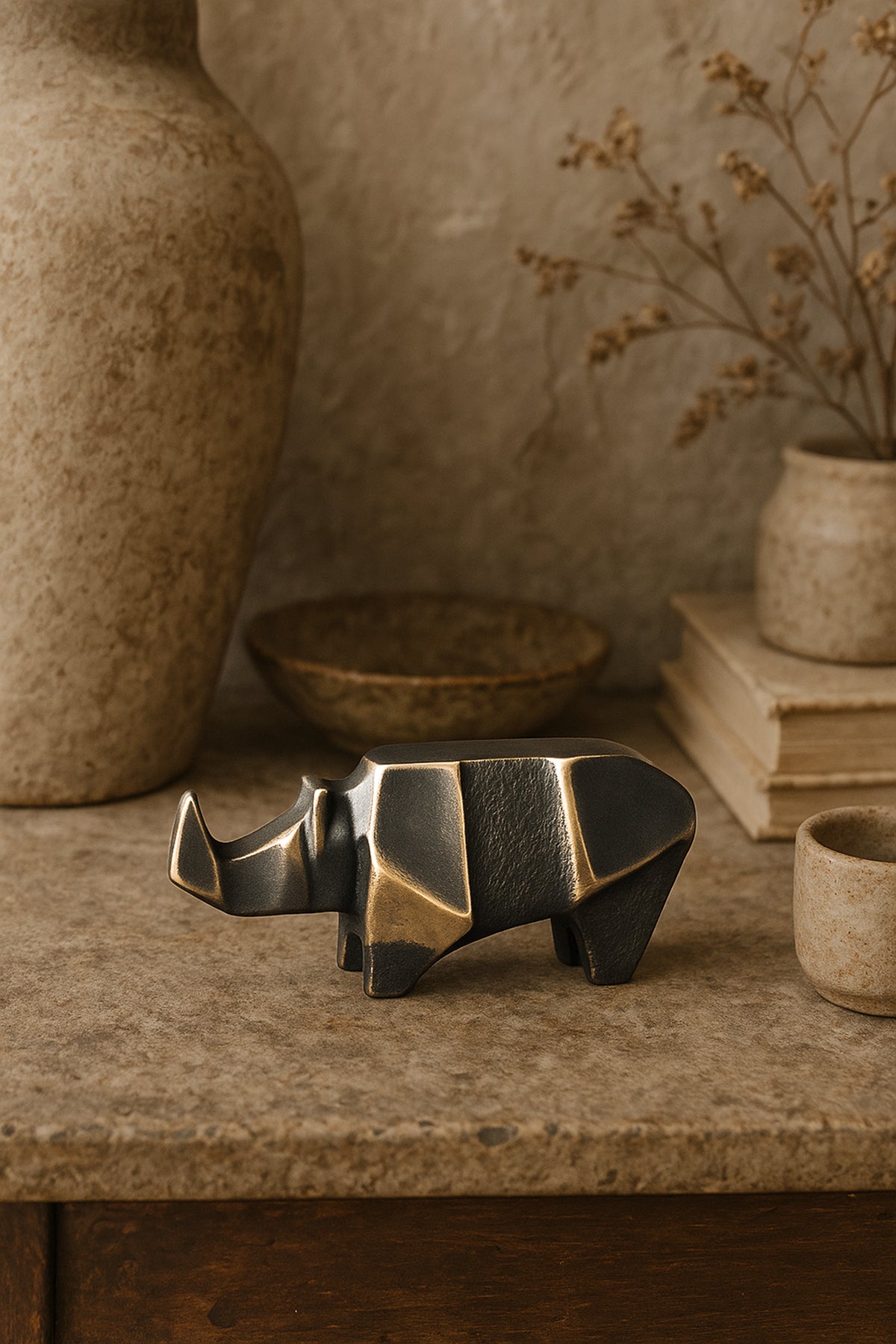 Origami Gergedan Şeklinde Antik Görünümlü Dekoratif Obje Gold 9x4 cm