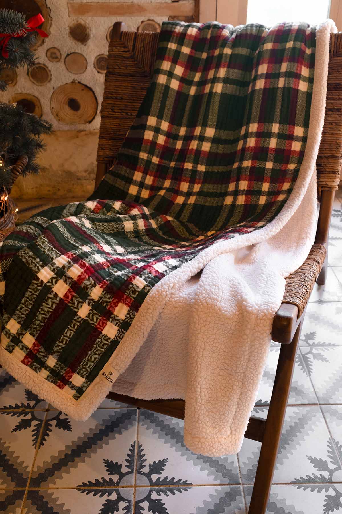 Ekose Desenli Pamuk Arkası Peluşlu Çift Taraflı Koltuk Şalı Battaniye Yeşil