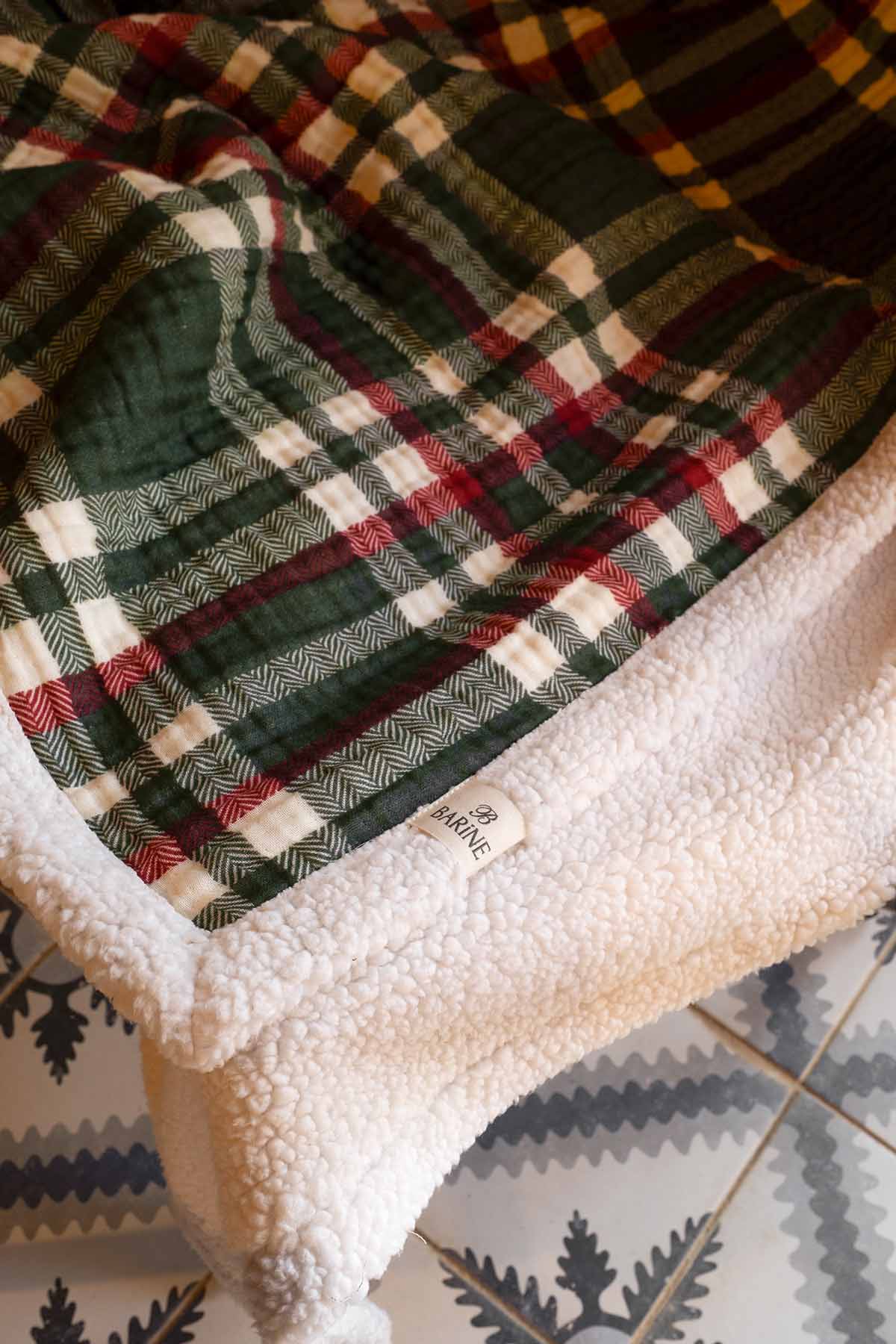 Ekose Desenli Pamuk Arkası Peluşlu Çift Taraflı Koltuk Şalı Battaniye Yeşil