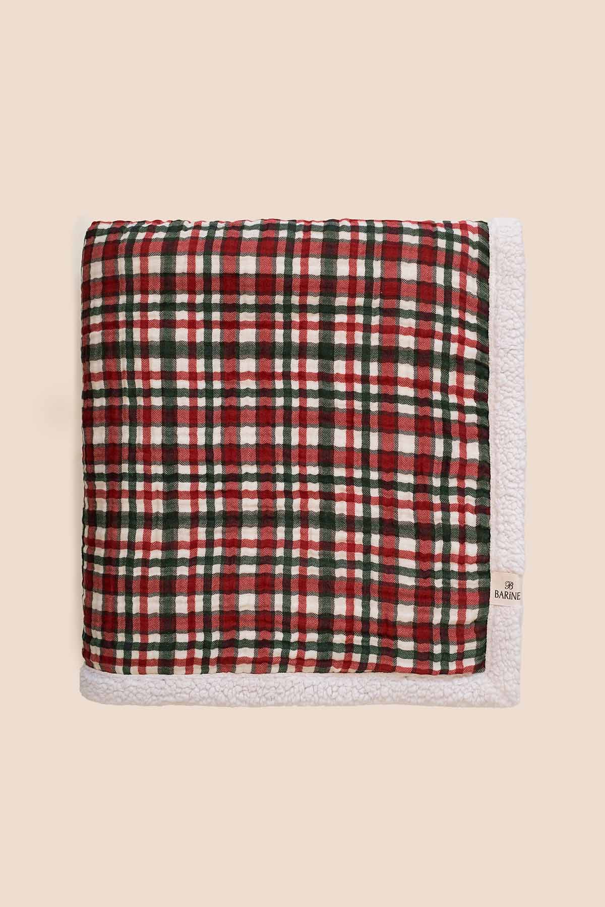 Ekose Desenli Pamuk Arkası Peluşlu Çift Taraflı Koltuk Şalı Battaniye Kırmızı